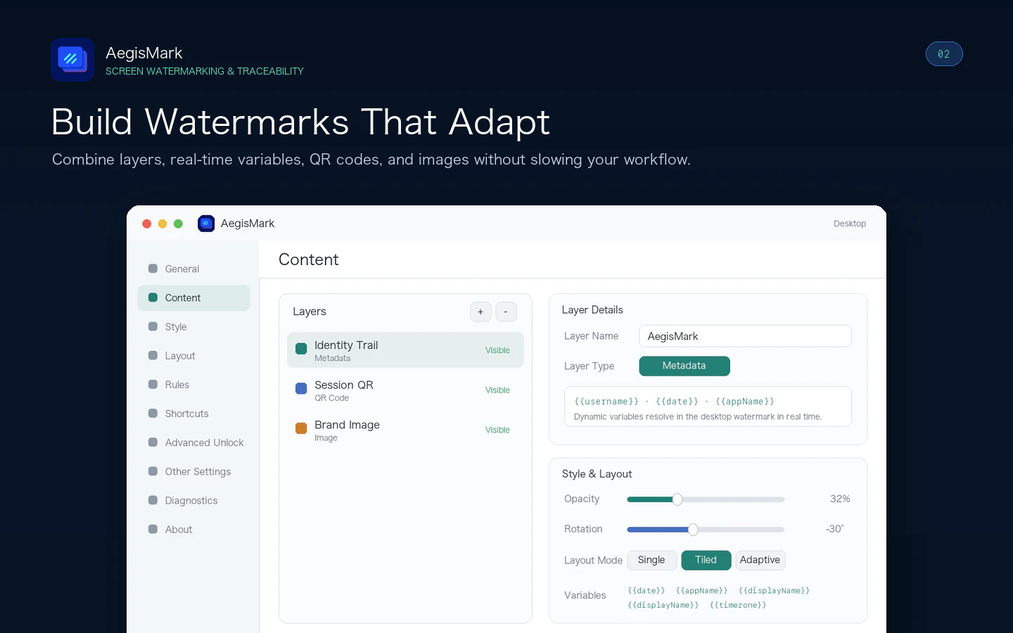 AegisMark dynamic layers with metadata, QR code, and image content