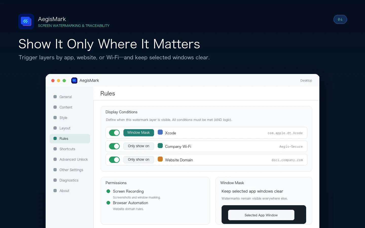 AegisMark smart rules for apps, websites, networks, and window masking