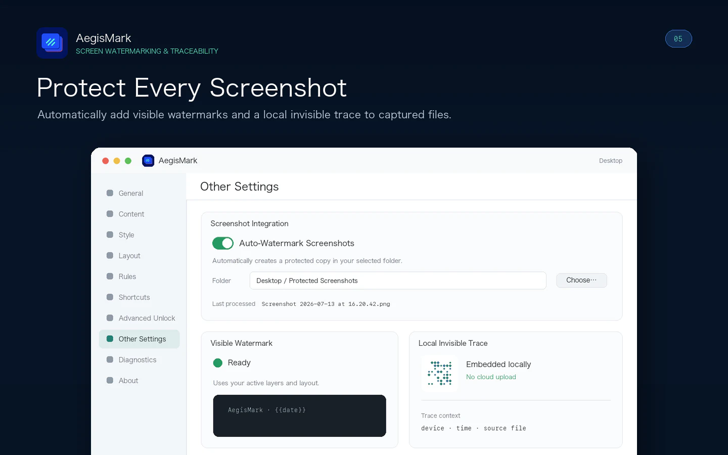 AegisMark automatic screenshot protection with visible and local invisible traces
