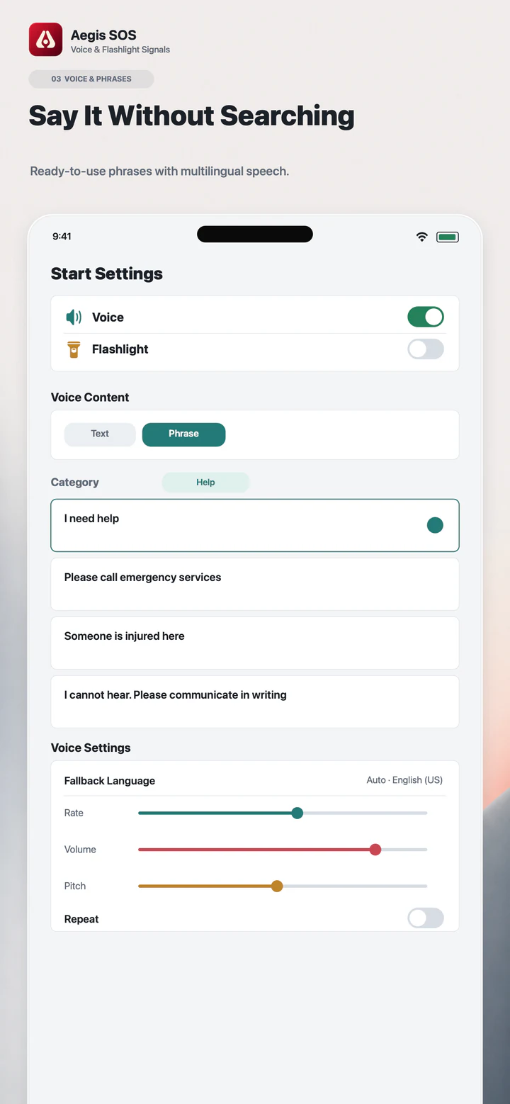 Ready-to-use phrases and multilingual speech settings in Aegis SOS