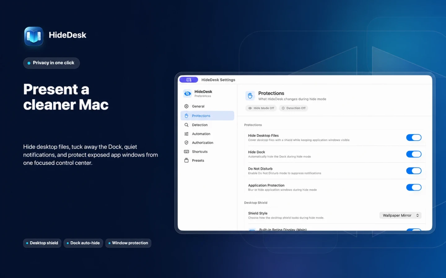 HideDesk protection settings for desktop files, Dock, notifications, and application windows