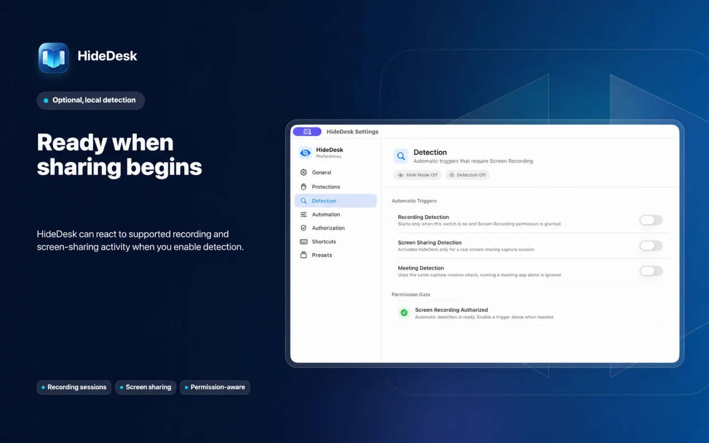 HideDesk recording, screen-sharing, and meeting detection settings