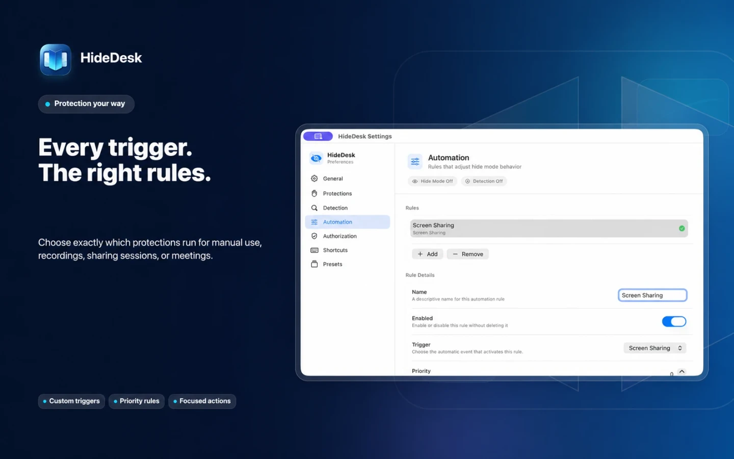 HideDesk automation rules for screen-sharing triggers and protection actions