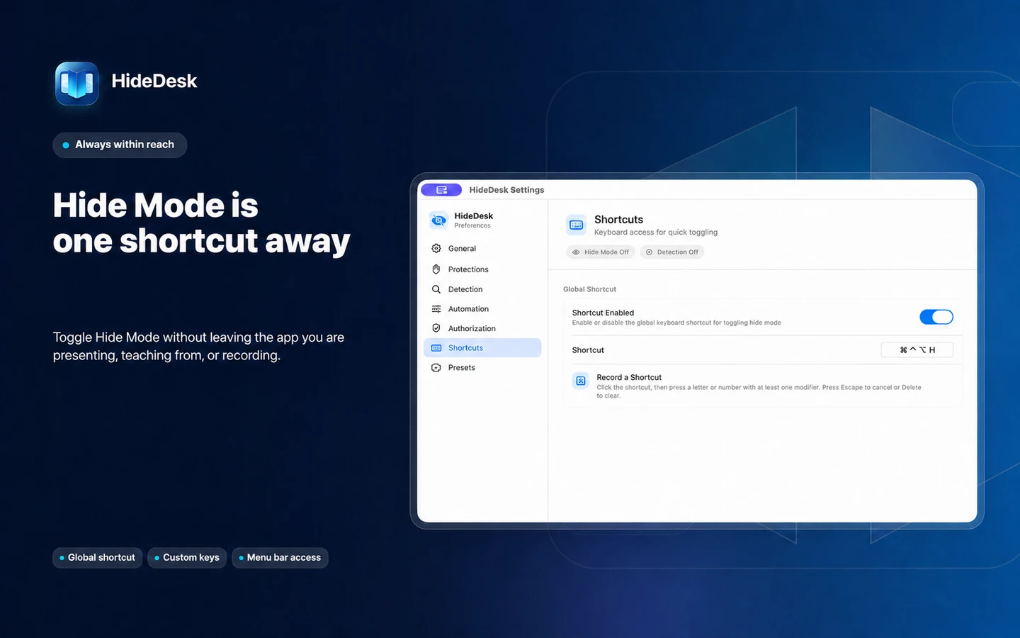 HideDesk global keyboard shortcut settings
