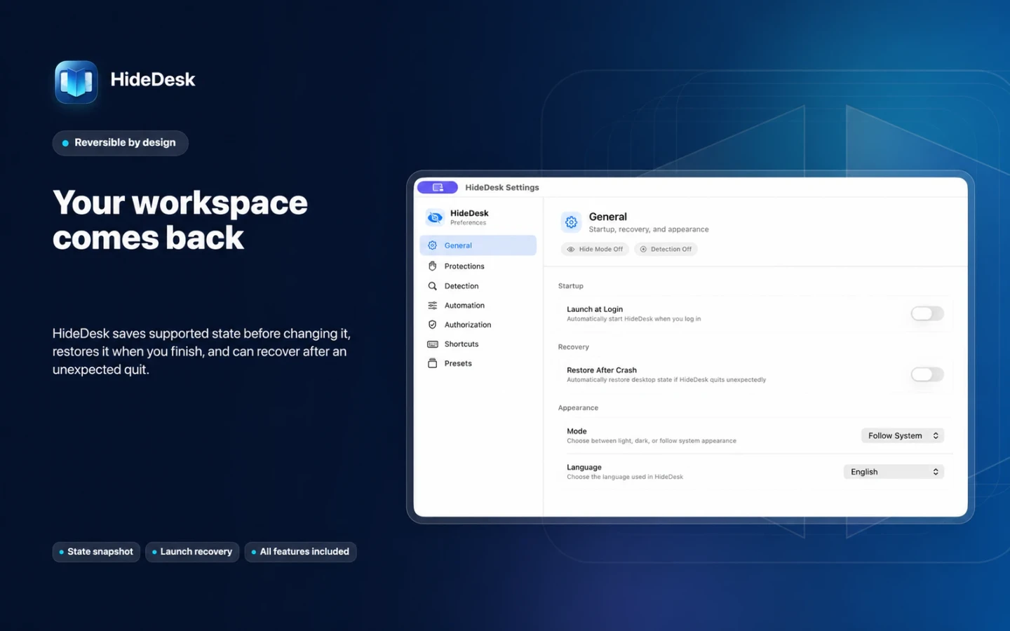 HideDesk launch, recovery, appearance, and language settings