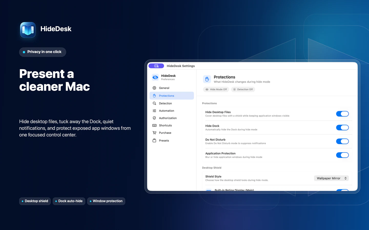 HideDesk protection settings for desktop files, Dock, notifications, and application windows