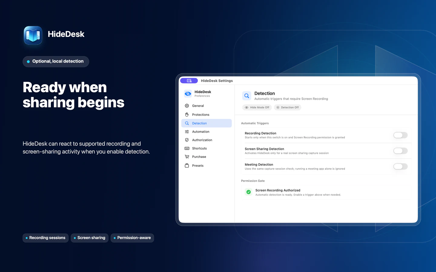 HideDesk recording, screen-sharing, and meeting detection settings