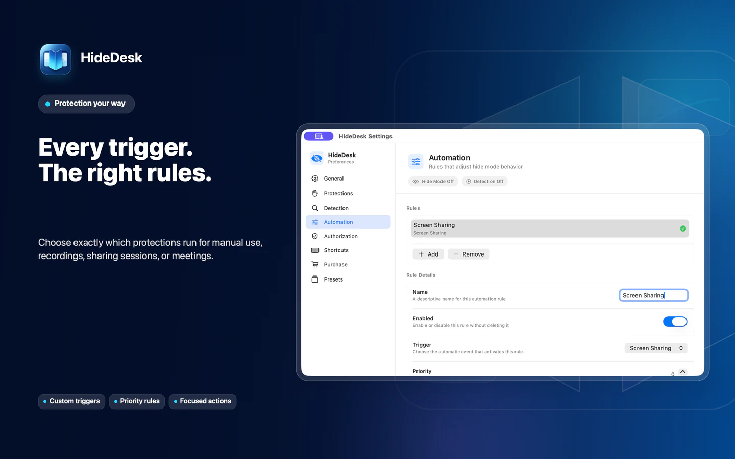 HideDesk automation rules for screen-sharing triggers and protection actions