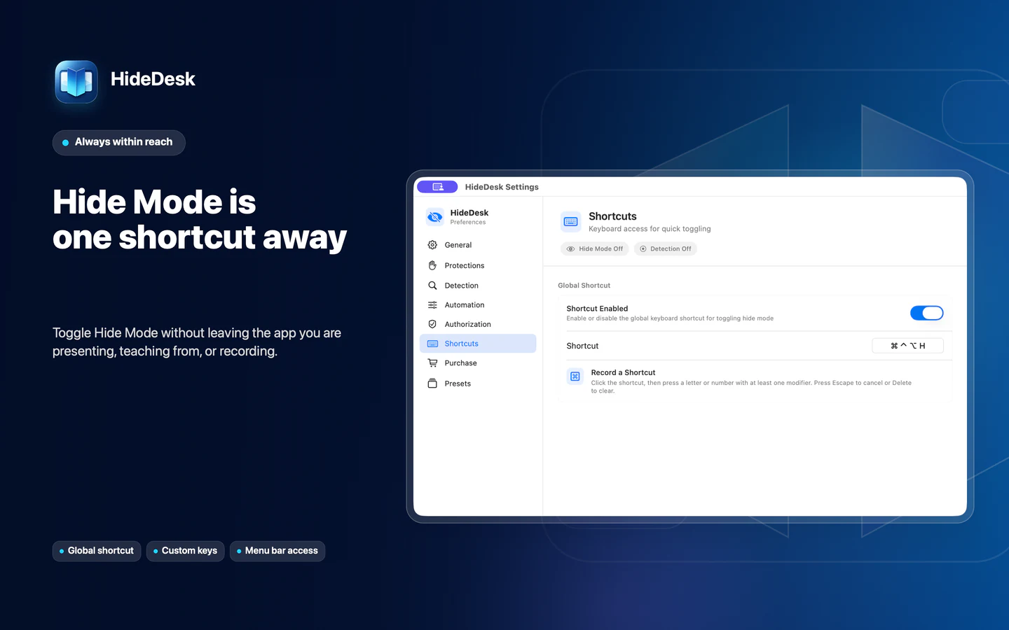 HideDesk global keyboard shortcut settings