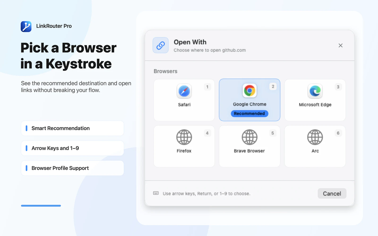 LinkRouter Pro browser picker with a recommended browser and keyboard shortcuts