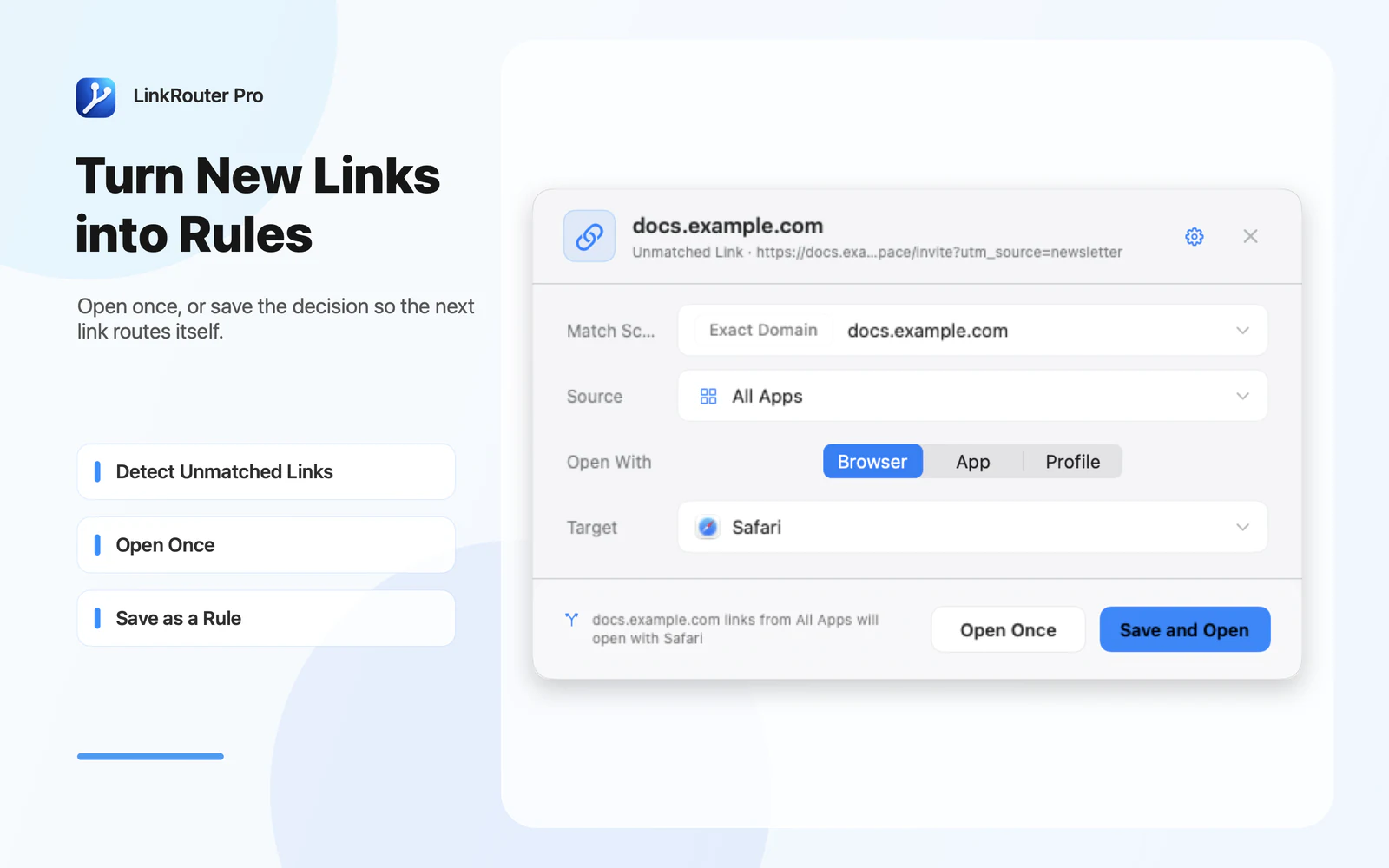 LinkRouter Pro unmatched-link prompt for opening once or saving a rule