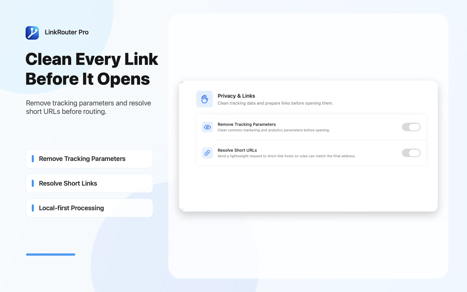 LinkRouter Pro privacy settings for tracking cleanup and short-link resolution