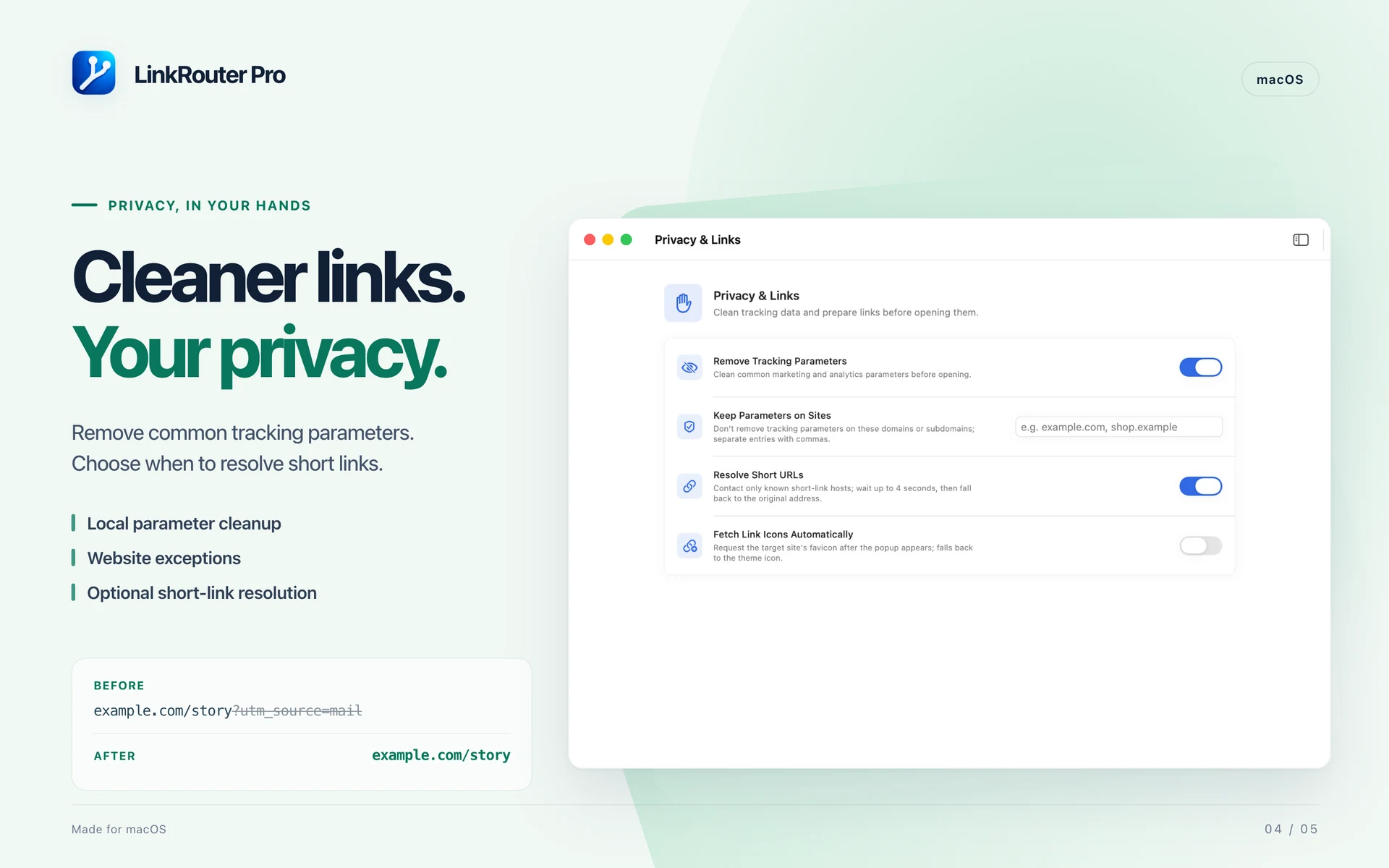 LinkRouter Pro · macOS · CLEAN LINKS BEFORE OPENING