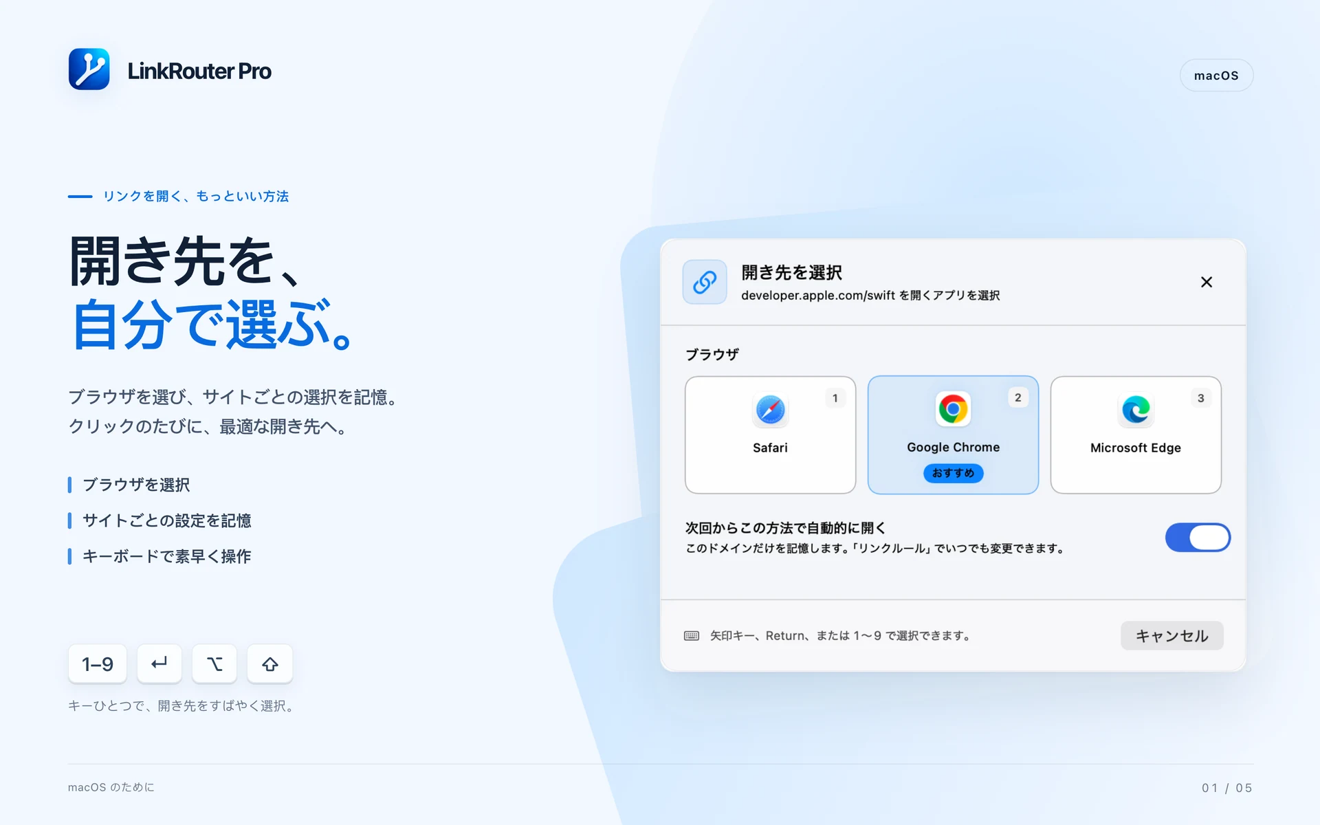 LinkRouter Pro · macOS · 選んで開く、ルールで自動化