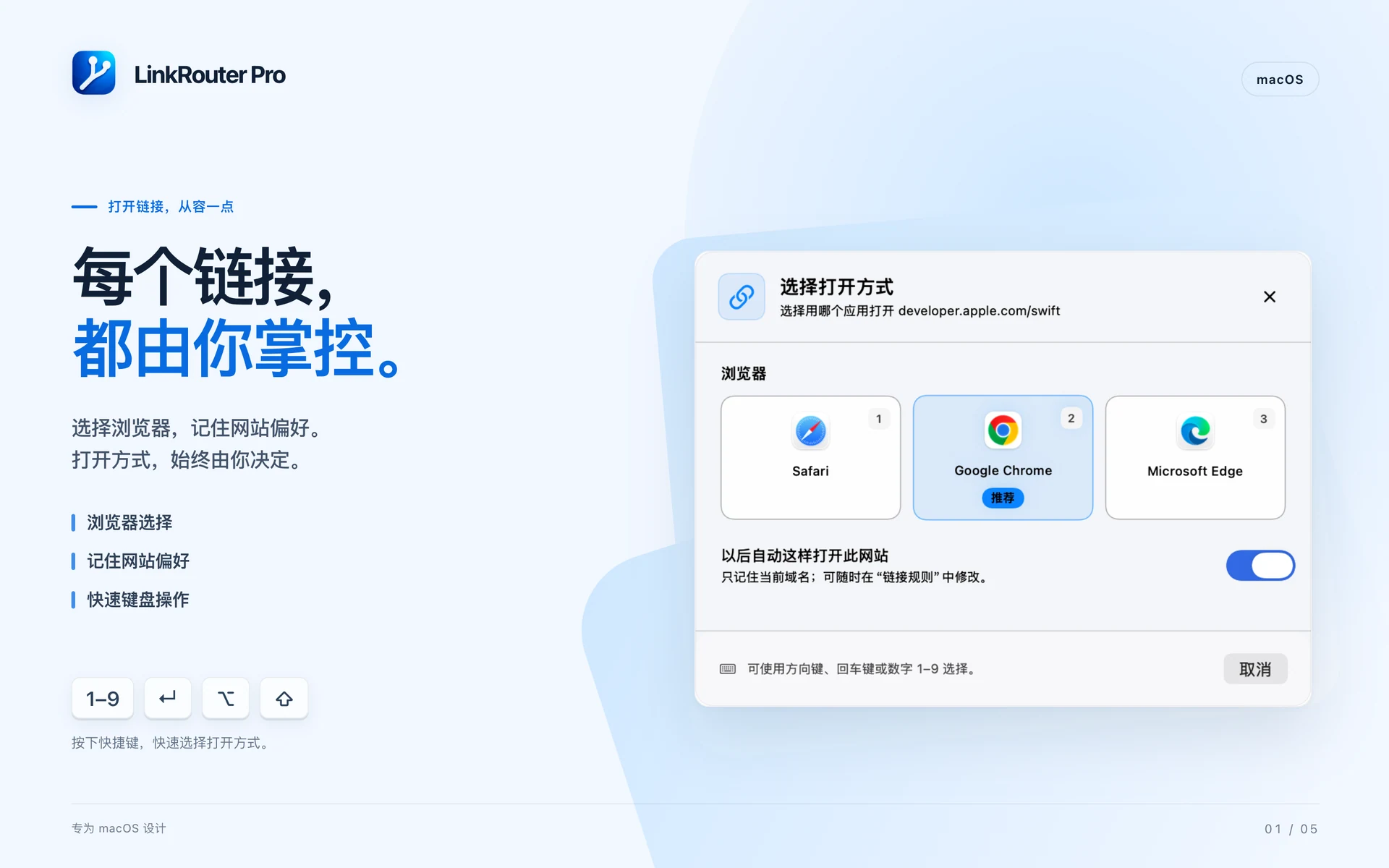 LinkRouter Pro · macOS · 自由选择,也能自动处理
