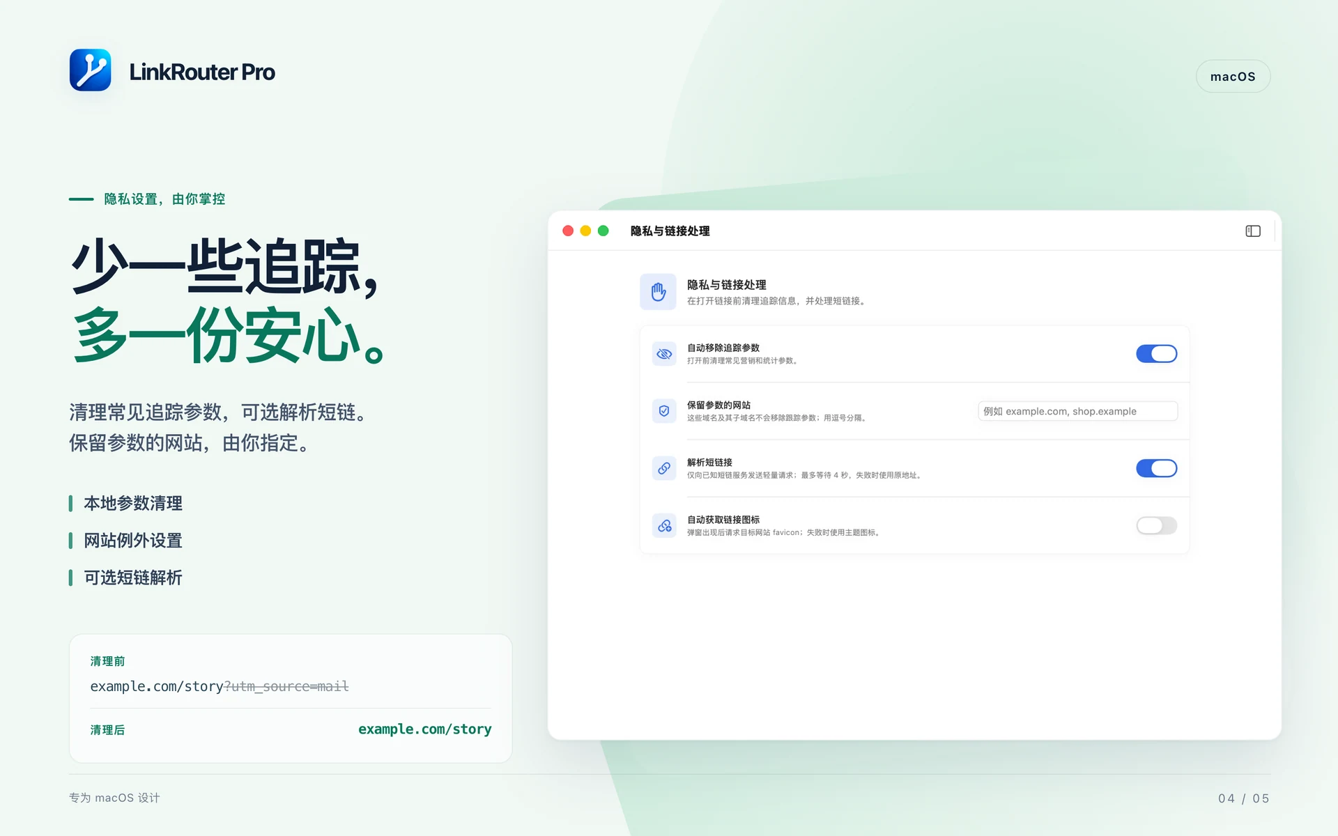 LinkRouter Pro · macOS · 打开前清理链接