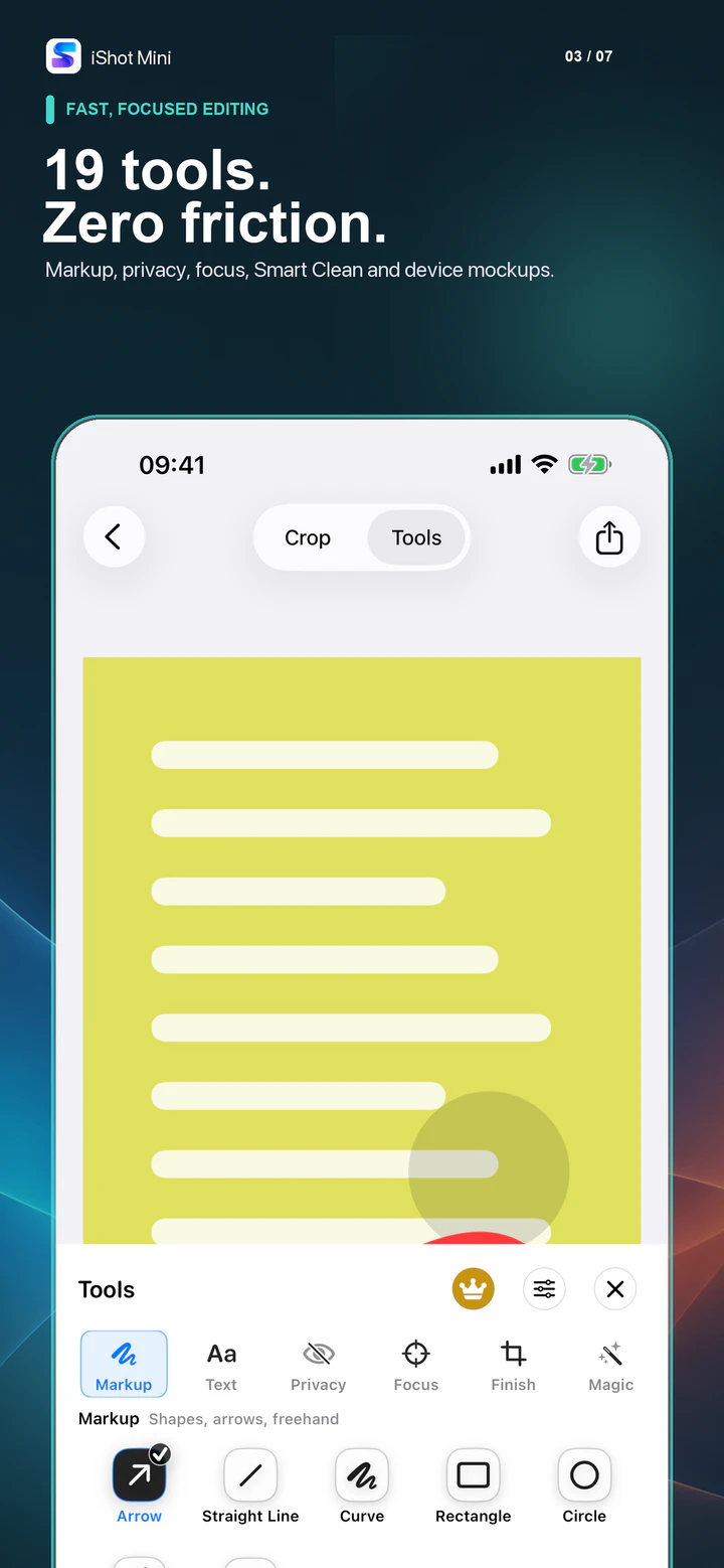 Nineteen editing and privacy tools in iShot Mini