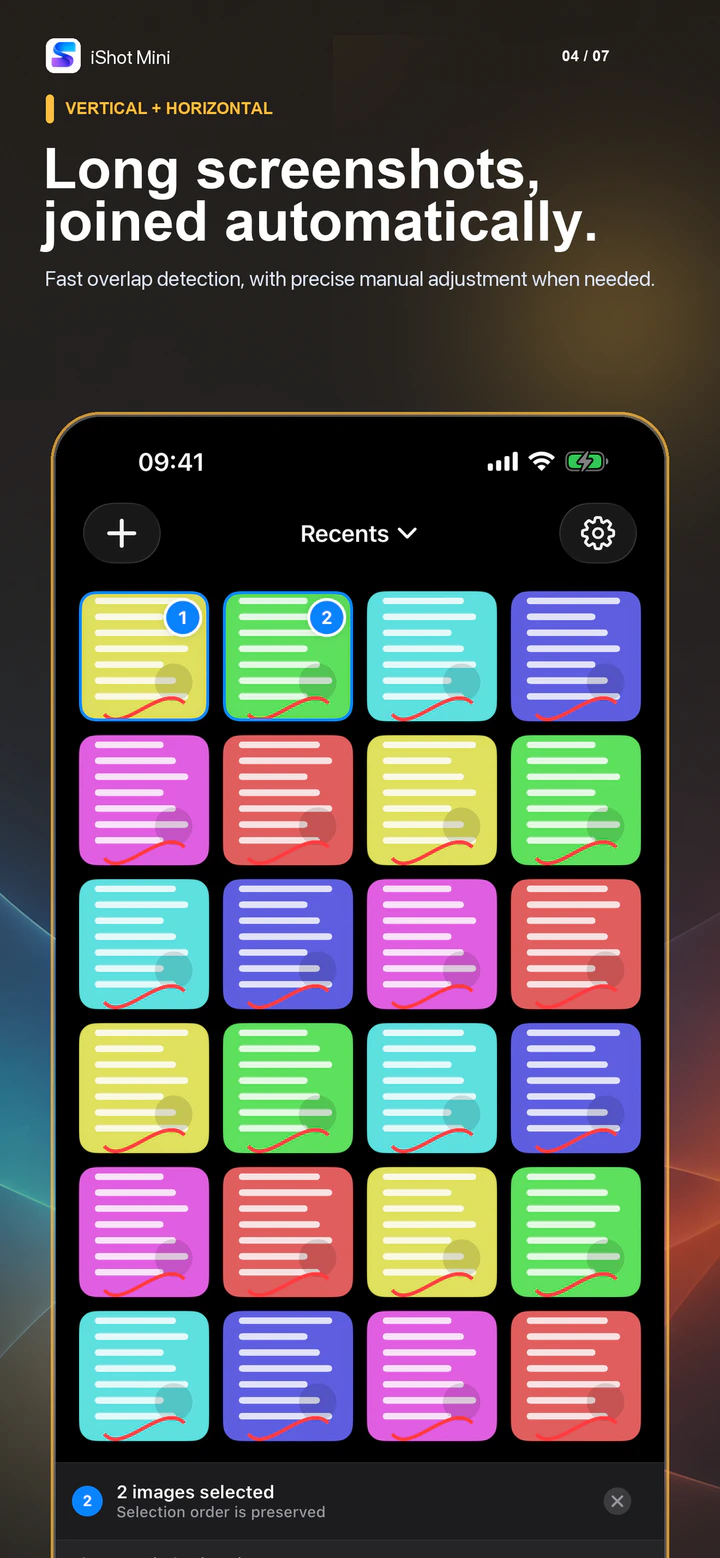 Automatic vertical and horizontal long screenshot stitching in iShot Mini