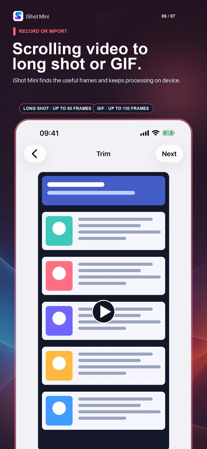 Convert a trimmed screen recording to a long screenshot or GIF in iShot Mini
