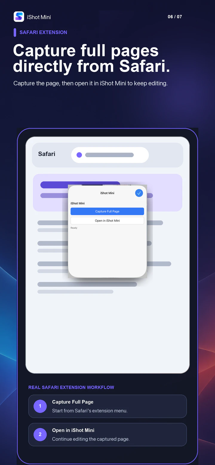 Safari full-page capture and handoff to iShot Mini