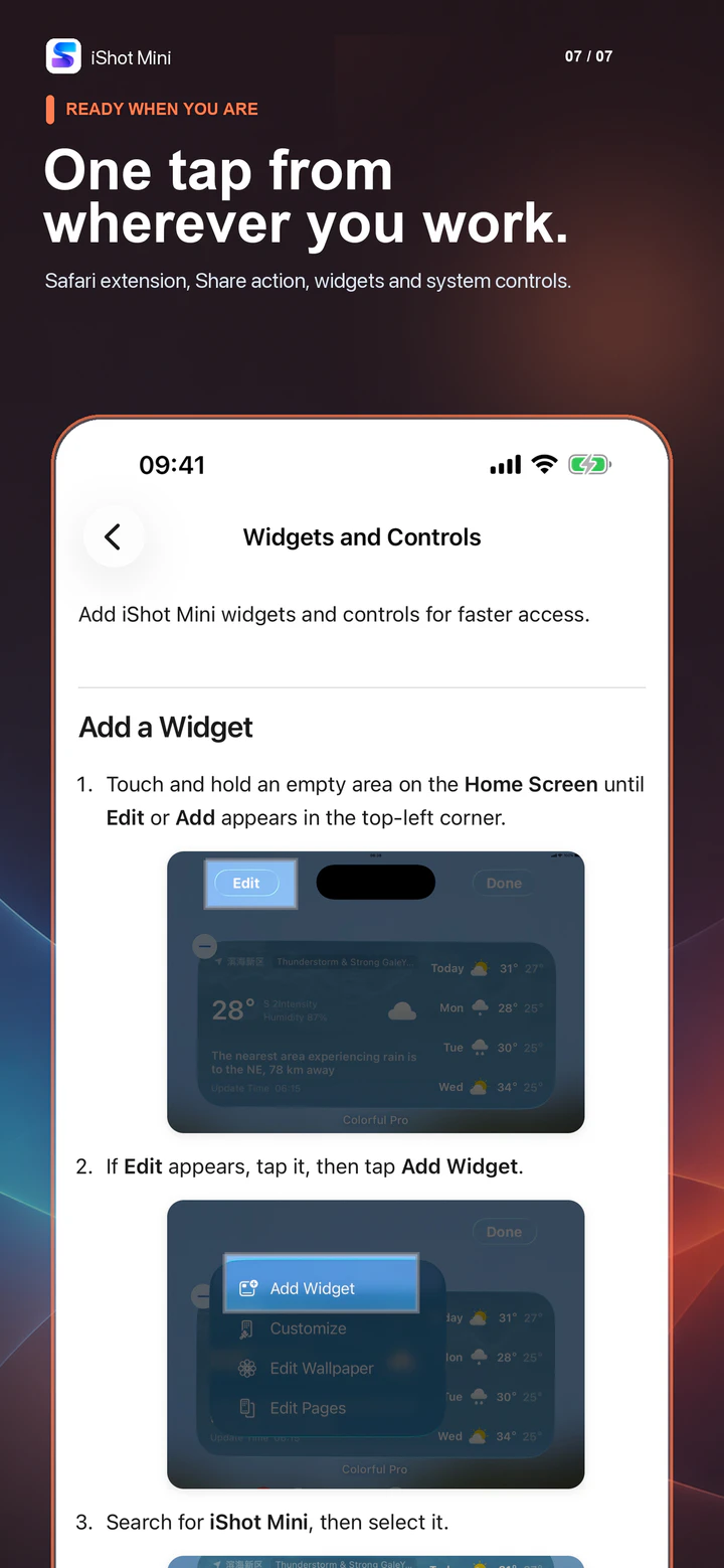 iShot Mini widgets, Control Center control, sharing, and private on-device processing