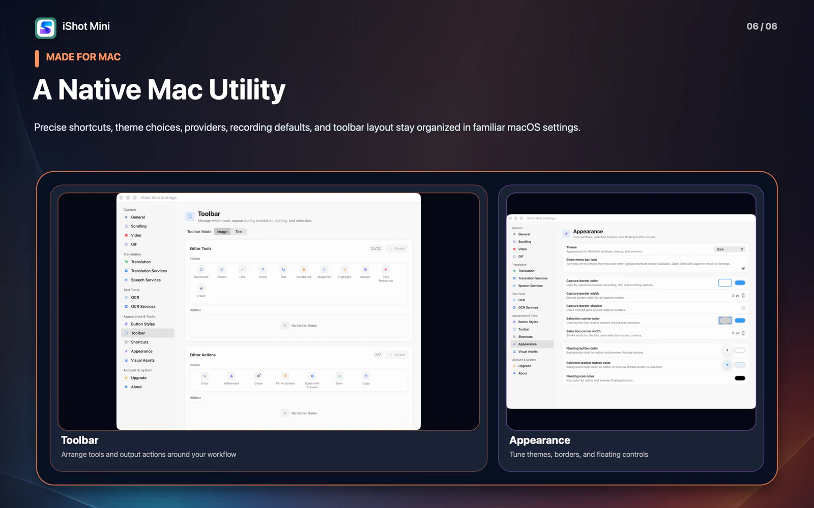 iShot Mini 1.3 native toolbar and appearance preferences on macOS