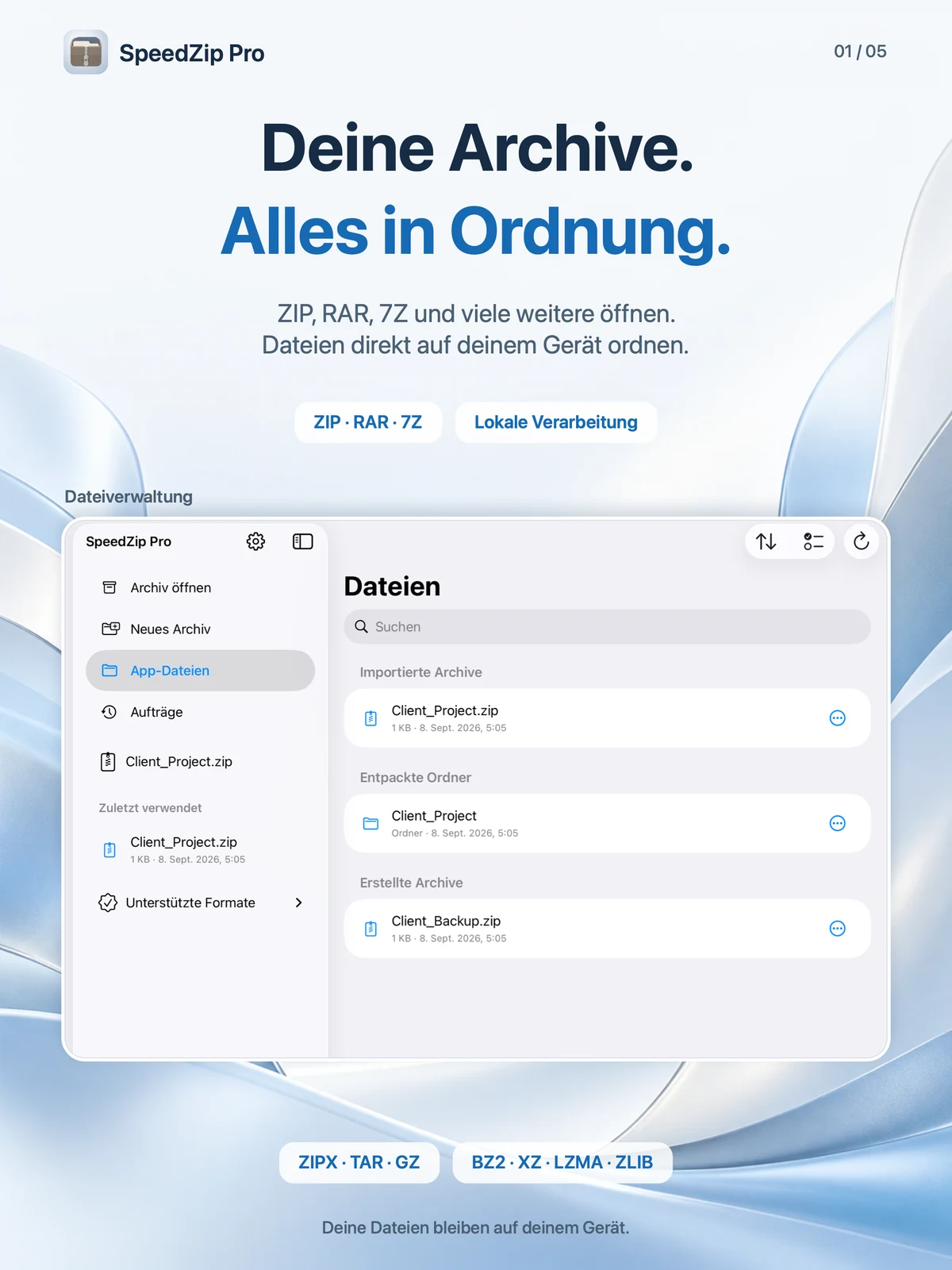 SpeedZip Pro · iPad · ÖFFNEN UND ENTPACKEN