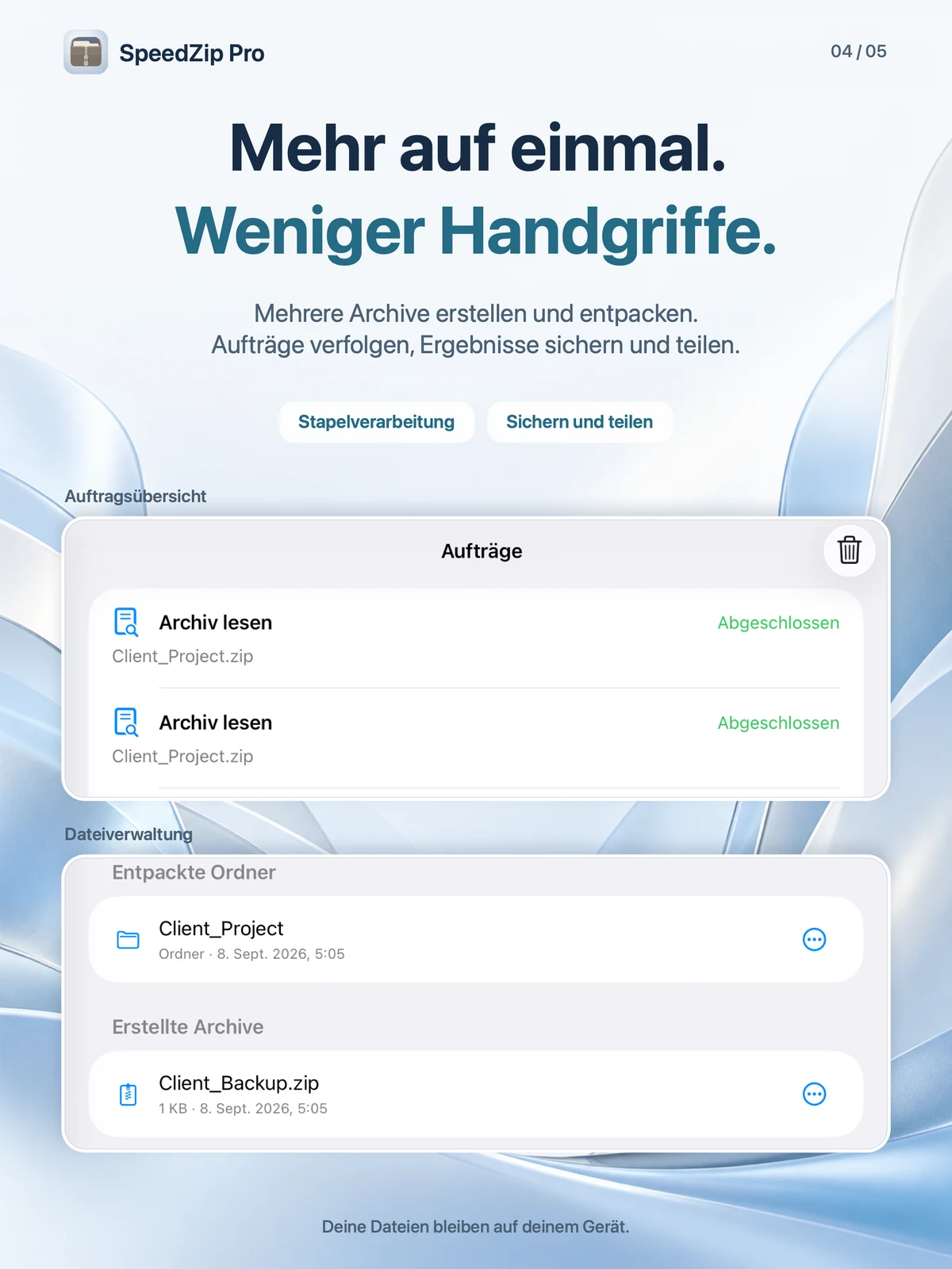 SpeedZip Pro · iPad · MEHRERE DATEIEN AUF EINMAL VERARBEITEN