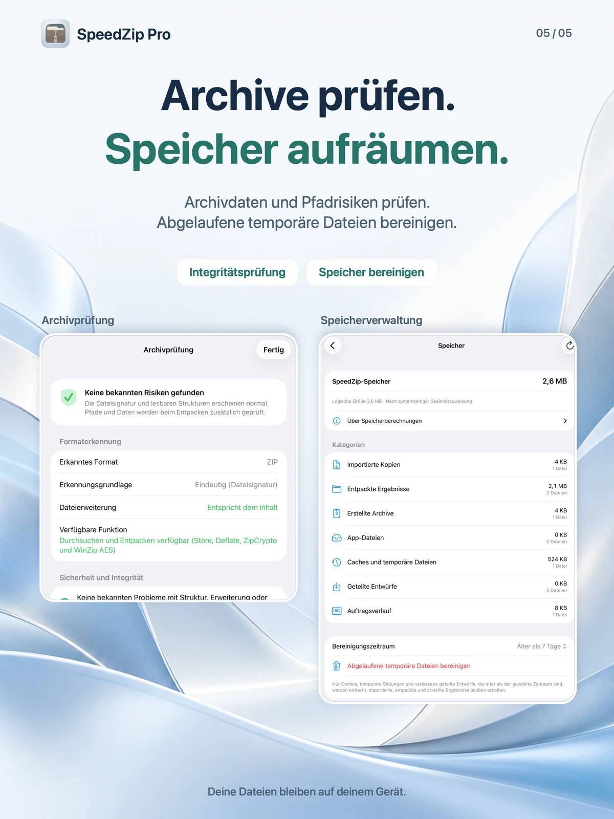 SpeedZip Pro · iPad · ARCHIVE PRÜFEN UND SPEICHER AUFRÄUMEN