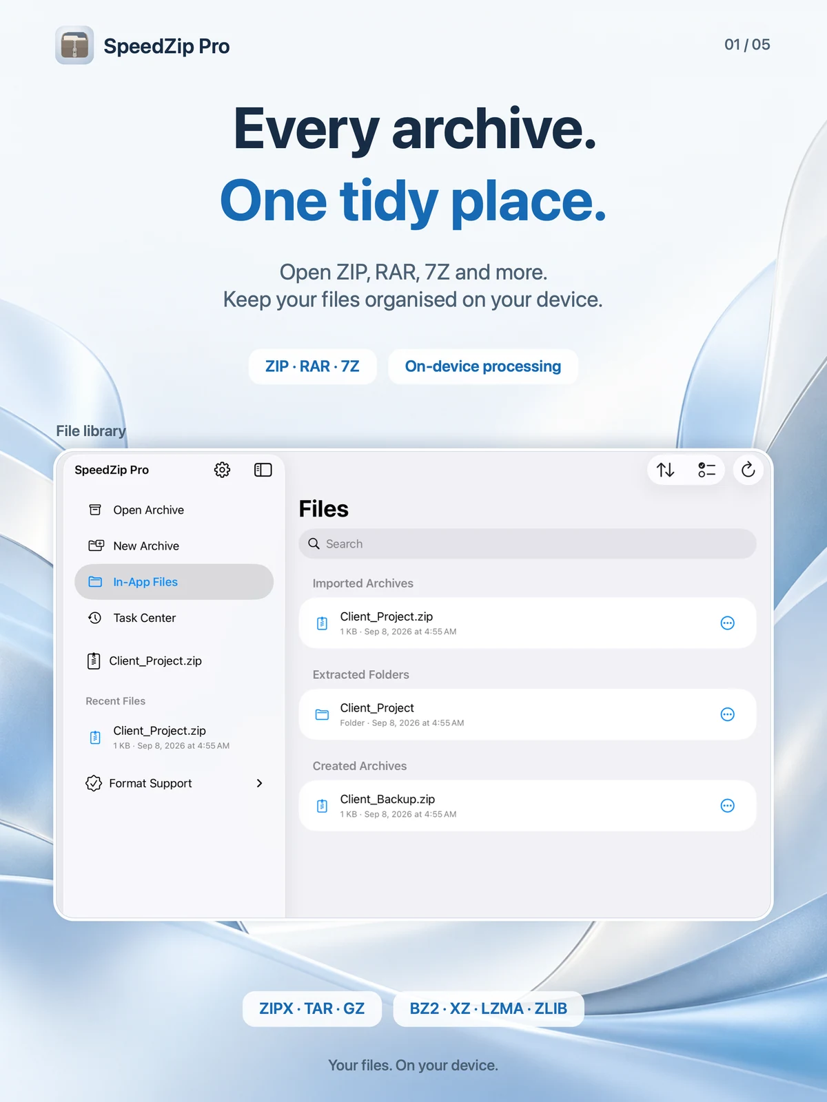 SpeedZip Pro · iPad · OPEN COMMON ARCHIVE FORMATS
