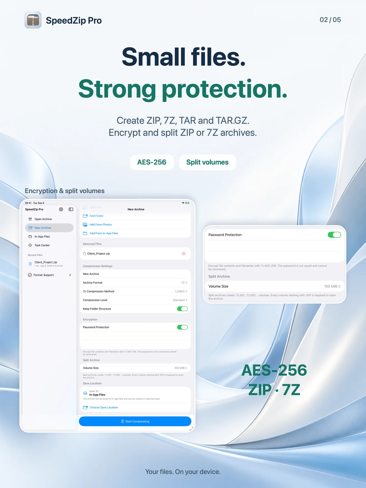 SpeedZip Pro · iPad · CREATE, ENCRYPT AND SPLIT