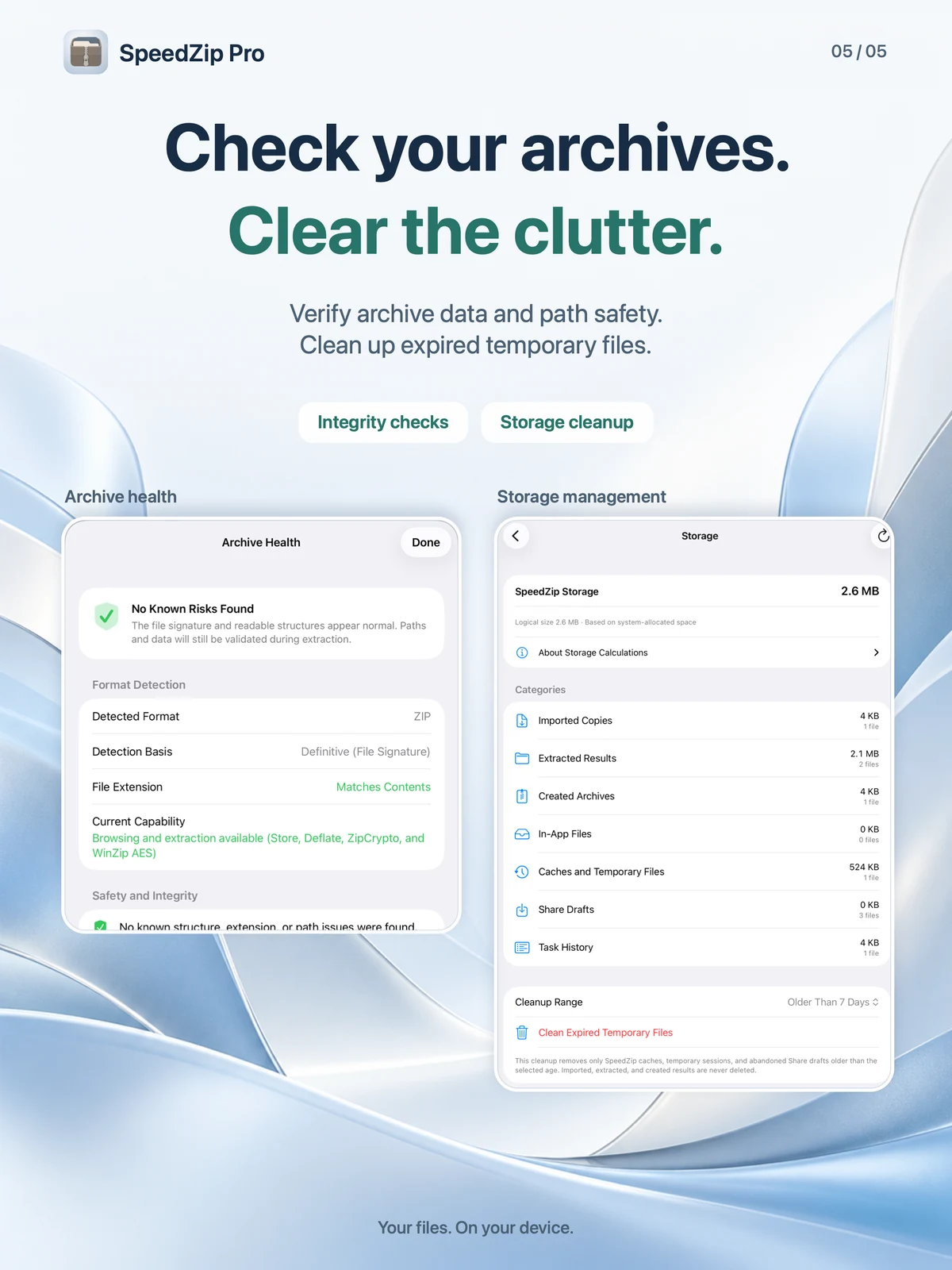 SpeedZip Pro · iPad · CHECK ARCHIVES AND MANAGE STORAGE