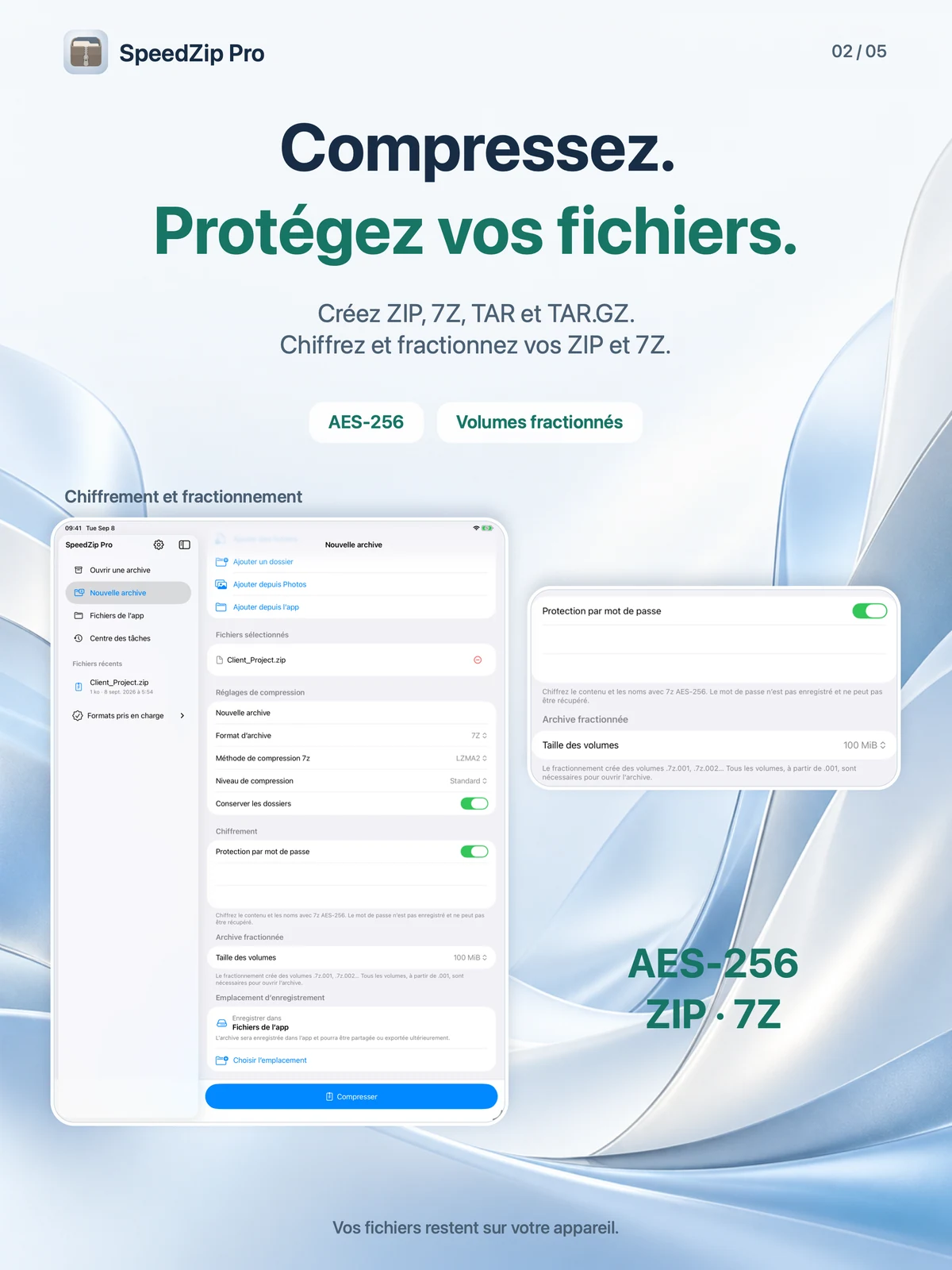 SpeedZip Pro · iPad · CRÉER, CHIFFRER ET FRACTIONNER