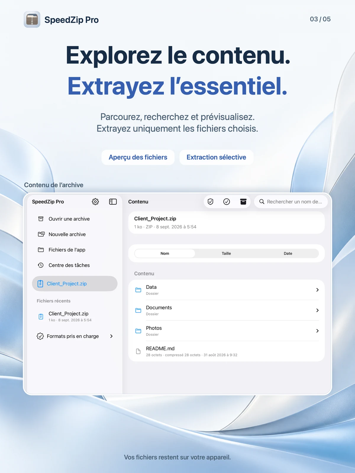 SpeedZip Pro · iPad · EXPLORER AVANT D’EXTRAIRE