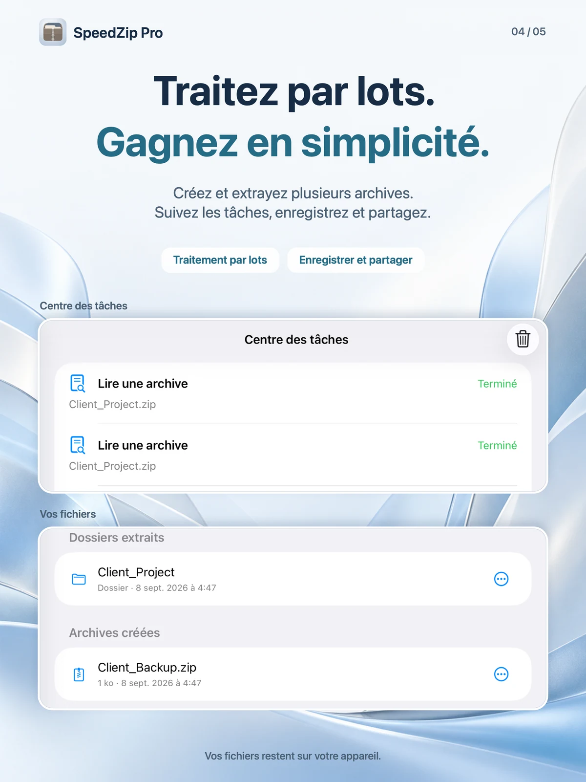 SpeedZip Pro · iPad · TRAVAILLER PAR LOTS