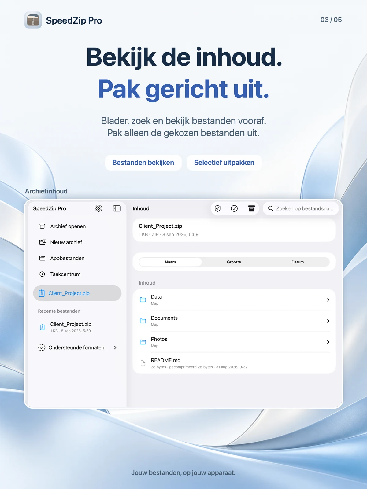 SpeedZip Pro · iPad · EERST BEKIJKEN, DAN UITPAKKEN
