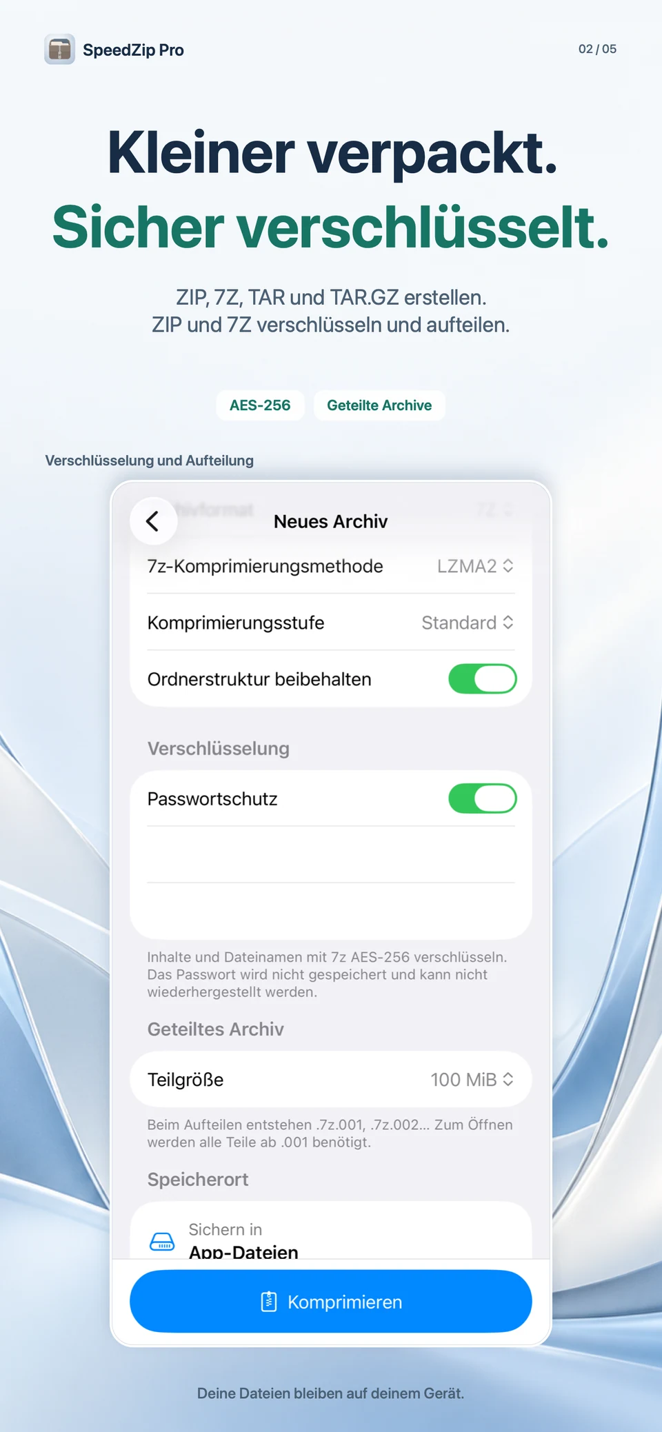 SpeedZip Pro · iPhone · ERSTELLEN, VERSCHLÜSSELN UND AUFTEILEN