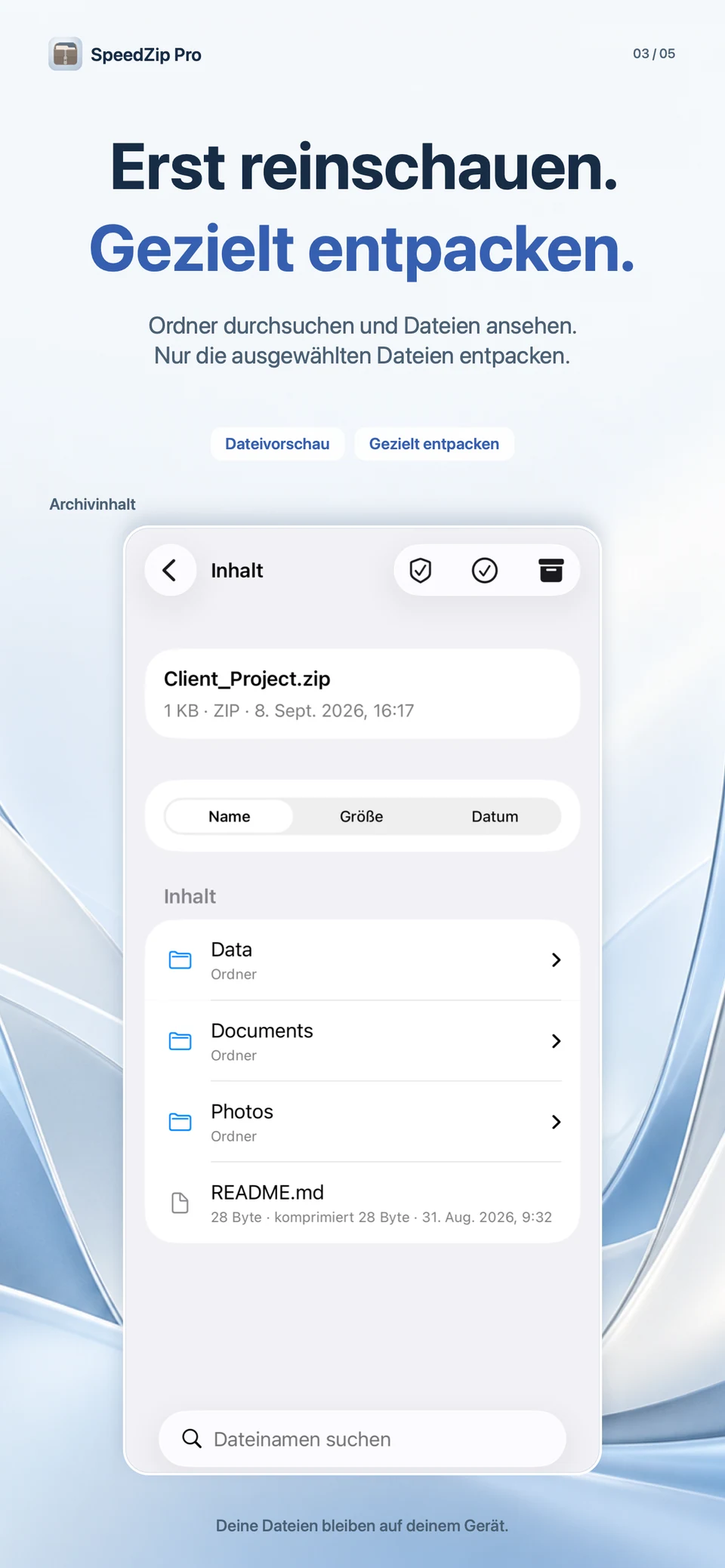 SpeedZip Pro · iPhone · ERST ANSEHEN, DANN GEZIELT ENTPACKEN