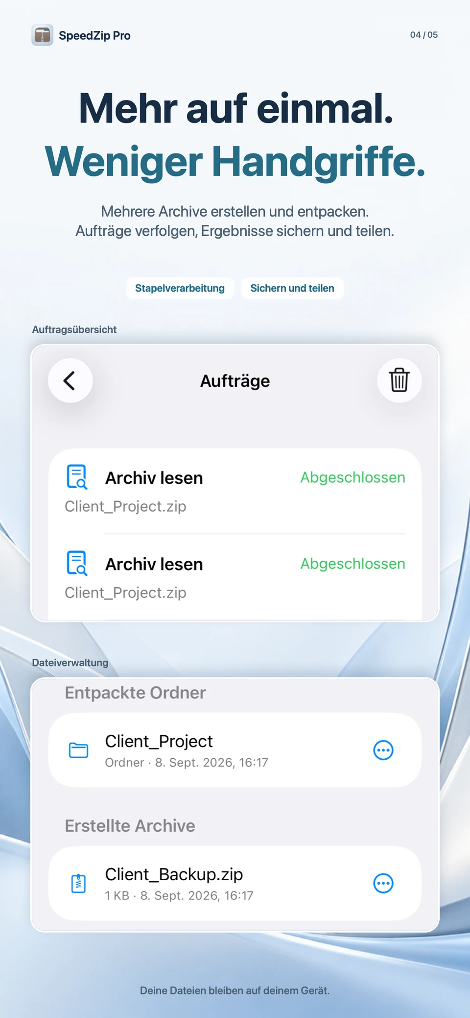 SpeedZip Pro · iPhone · MEHRERE DATEIEN AUF EINMAL VERARBEITEN