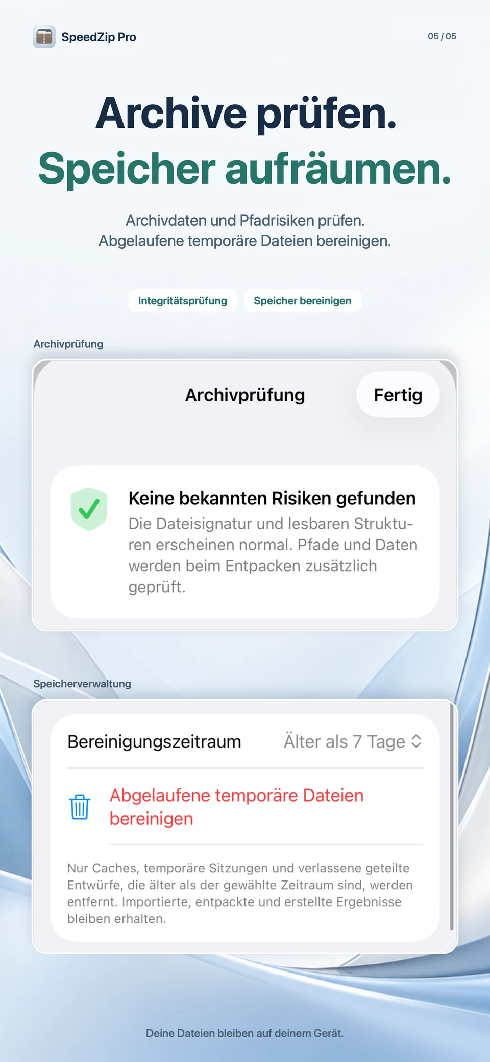 SpeedZip Pro · iPhone · ARCHIVE PRÜFEN UND SPEICHER AUFRÄUMEN