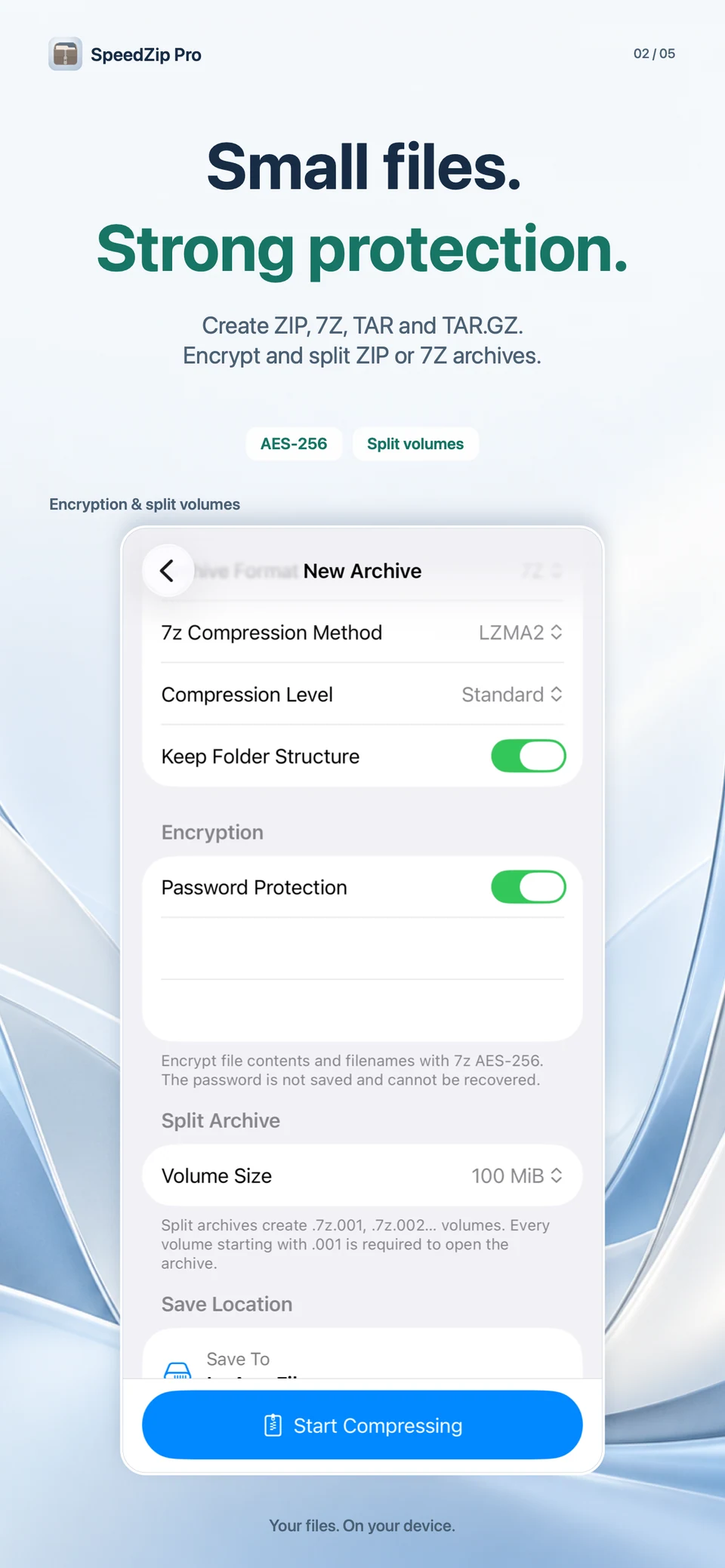 SpeedZip Pro · iPhone · CREATE, ENCRYPT AND SPLIT