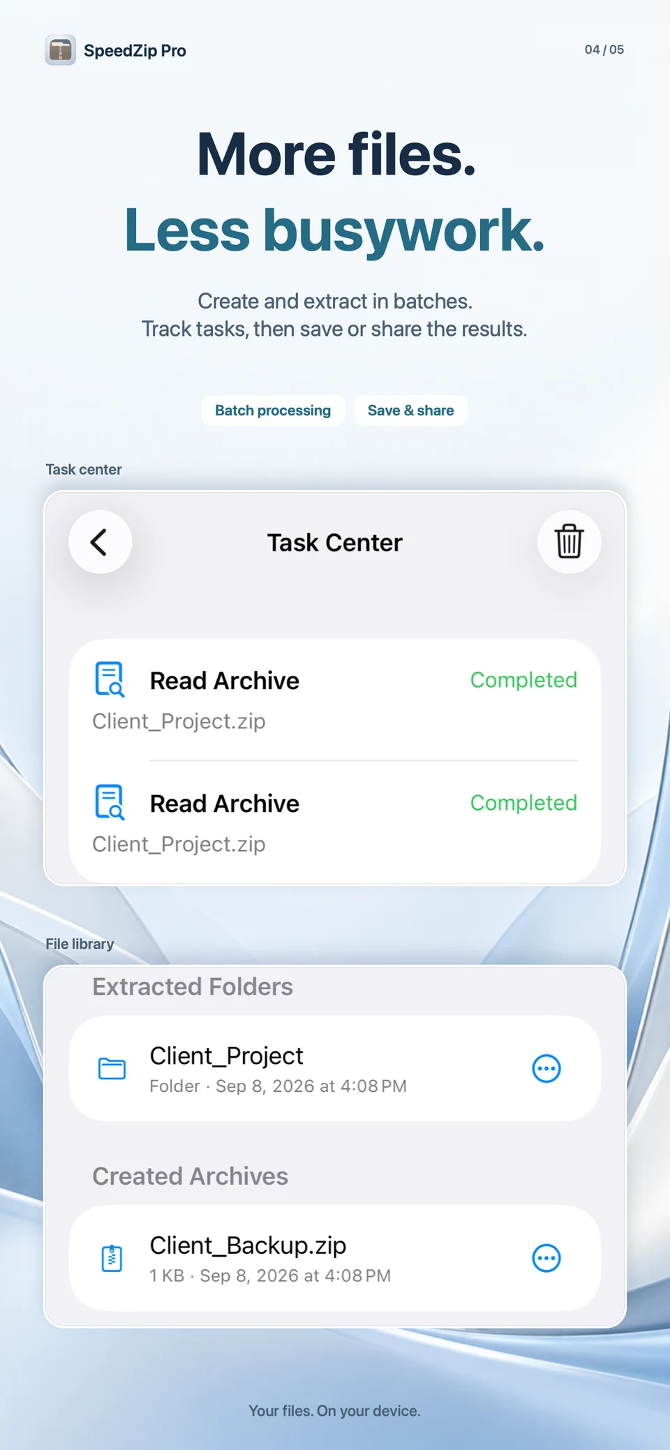 SpeedZip Pro · iPhone · WORK IN BATCHES