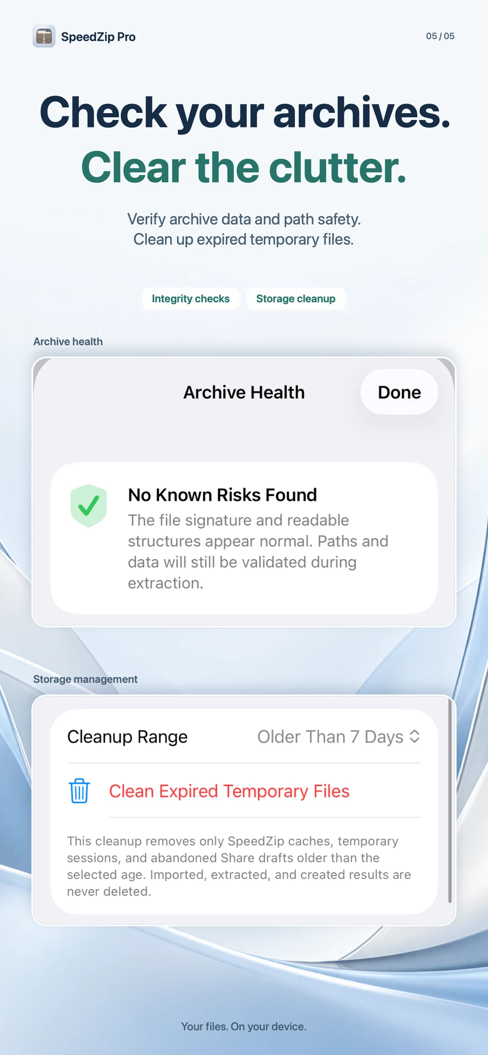 SpeedZip Pro · iPhone · CHECK ARCHIVES AND MANAGE STORAGE