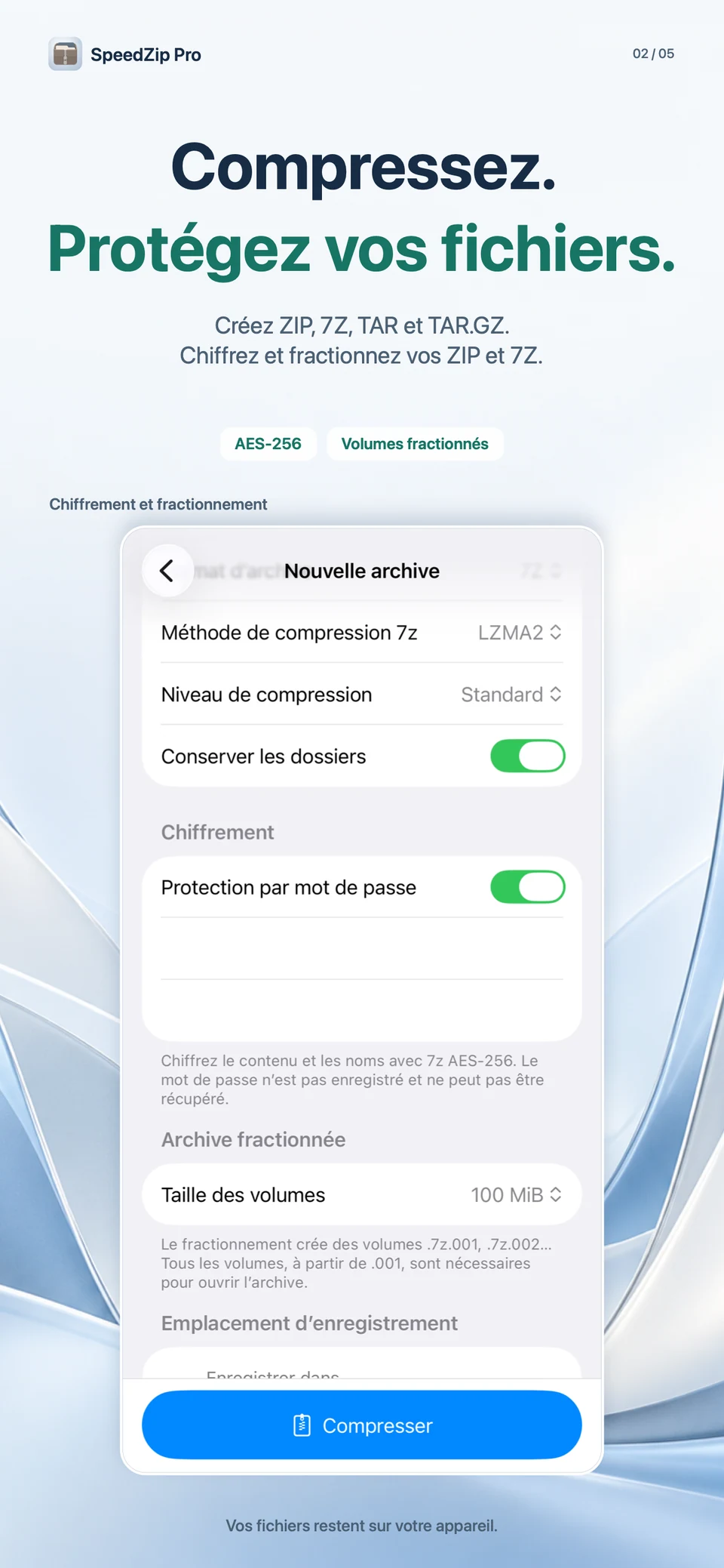 SpeedZip Pro · iPhone · CRÉER, CHIFFRER ET FRACTIONNER