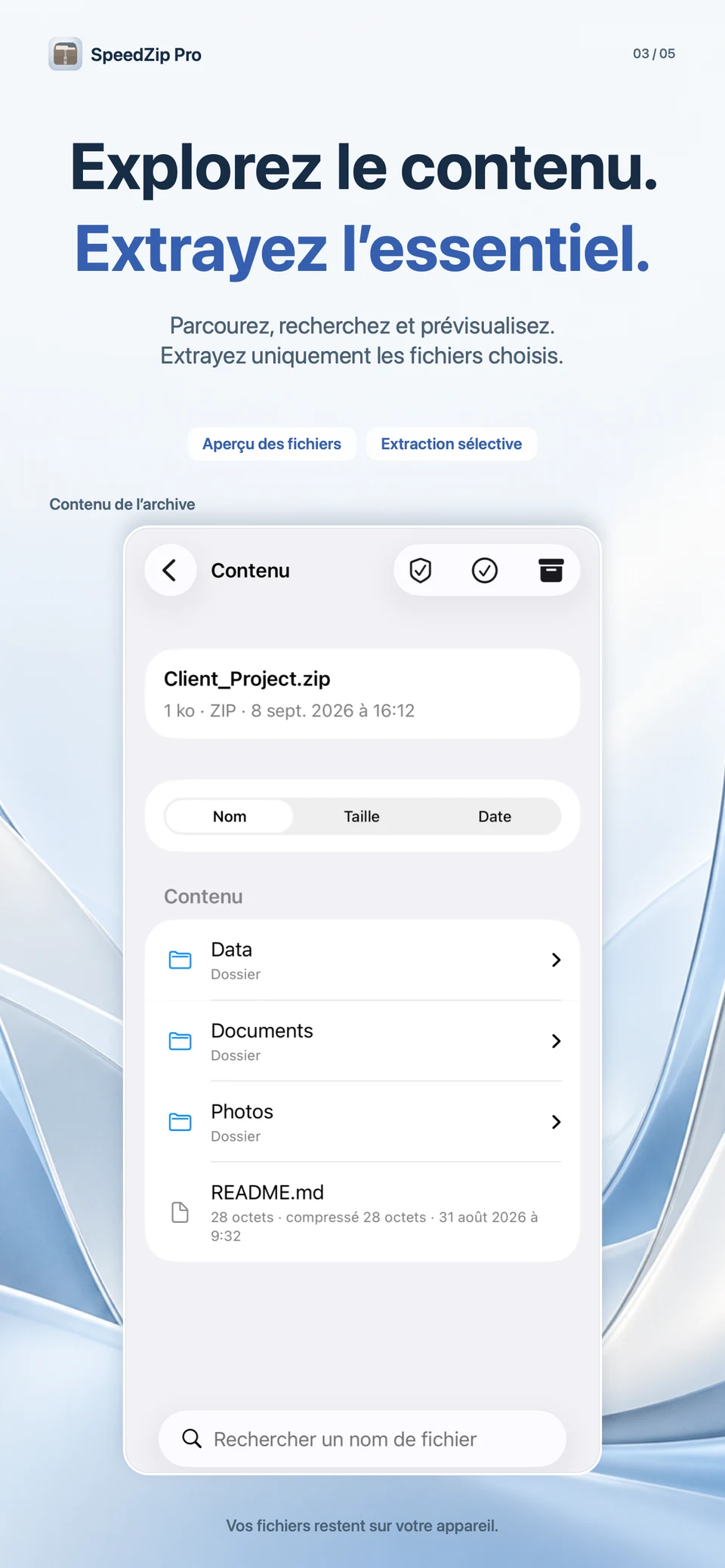 SpeedZip Pro · iPhone · EXPLORER AVANT D’EXTRAIRE