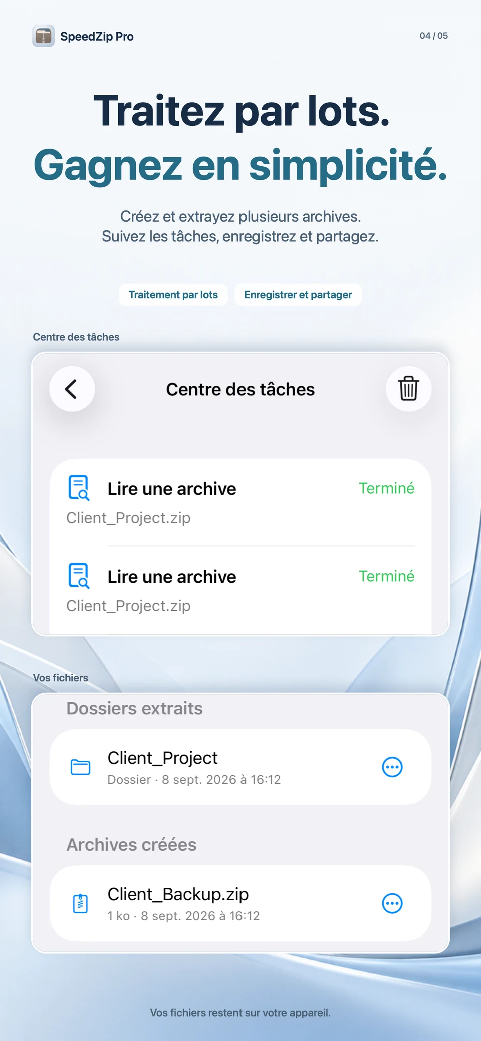 SpeedZip Pro · iPhone · TRAVAILLER PAR LOTS