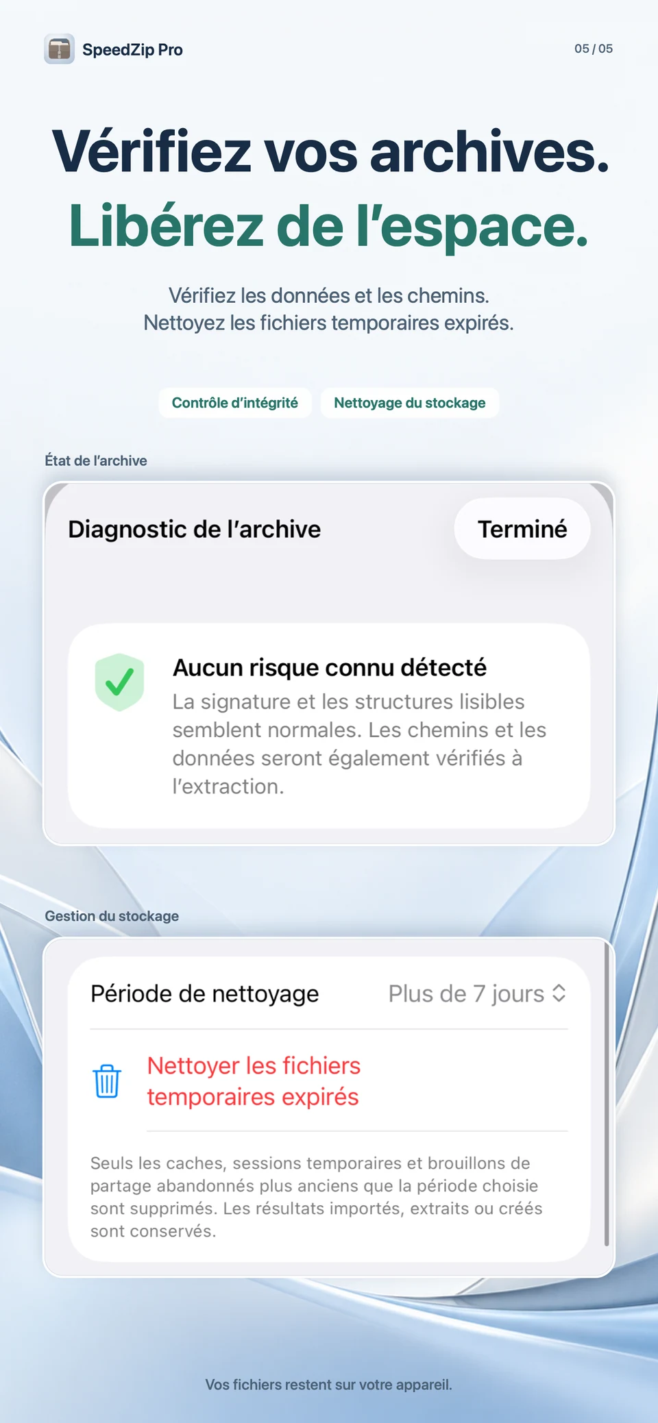 SpeedZip Pro · iPhone · VÉRIFIER ET NETTOYER