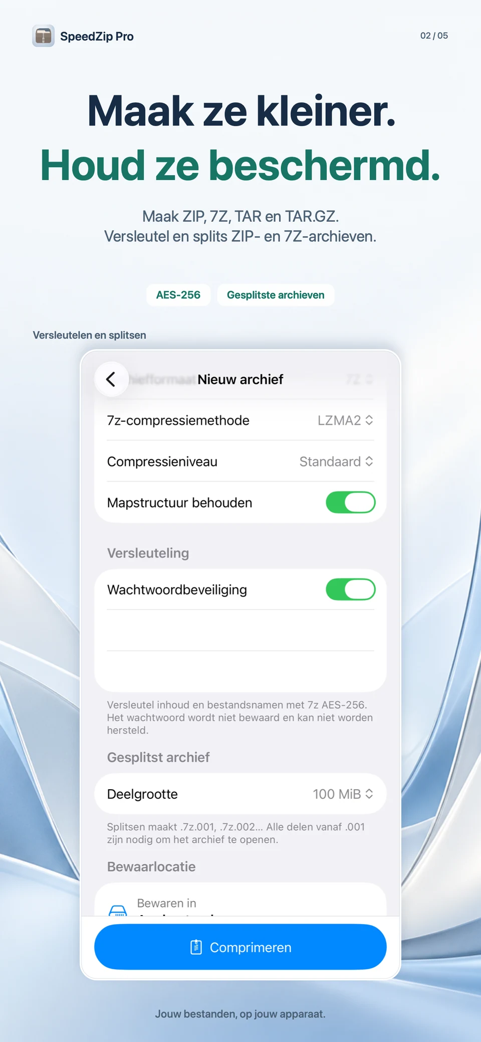 SpeedZip Pro · iPhone · MAKEN, VERSLEUTELEN EN SPLITSEN