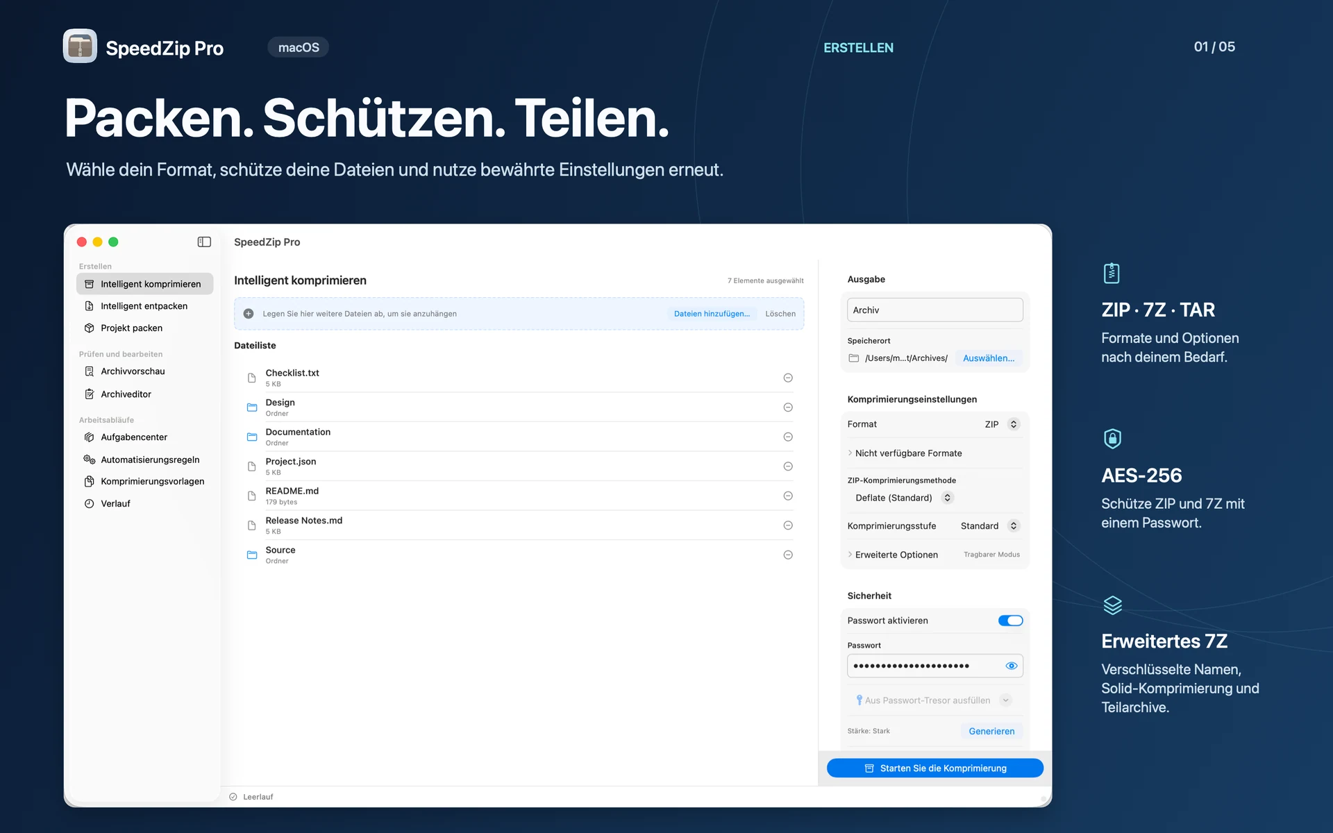 SpeedZip Pro · macOS · ERSTELLEN UND SCHÜTZEN