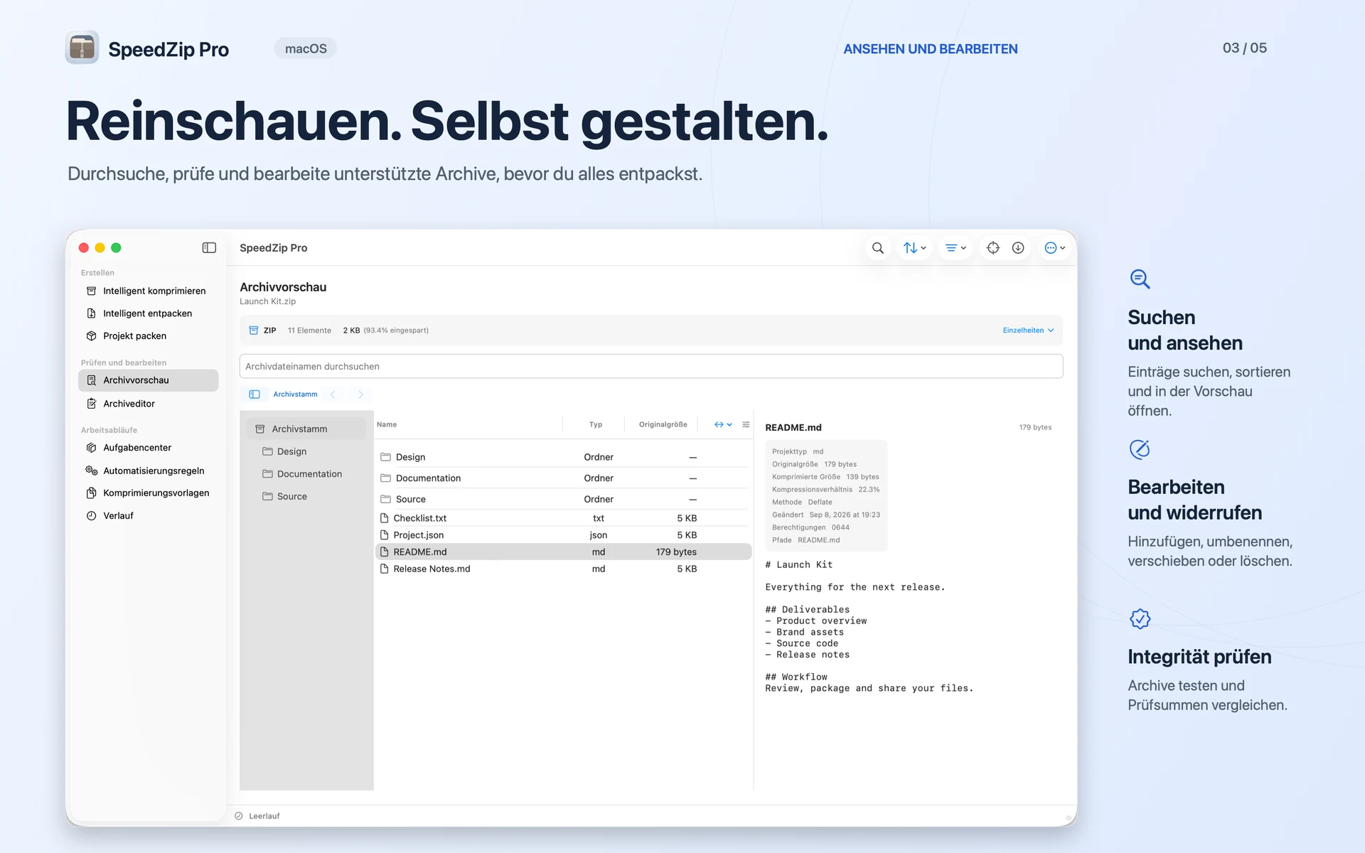 SpeedZip Pro · macOS · ANSEHEN, BEARBEITEN UND PRÜFEN